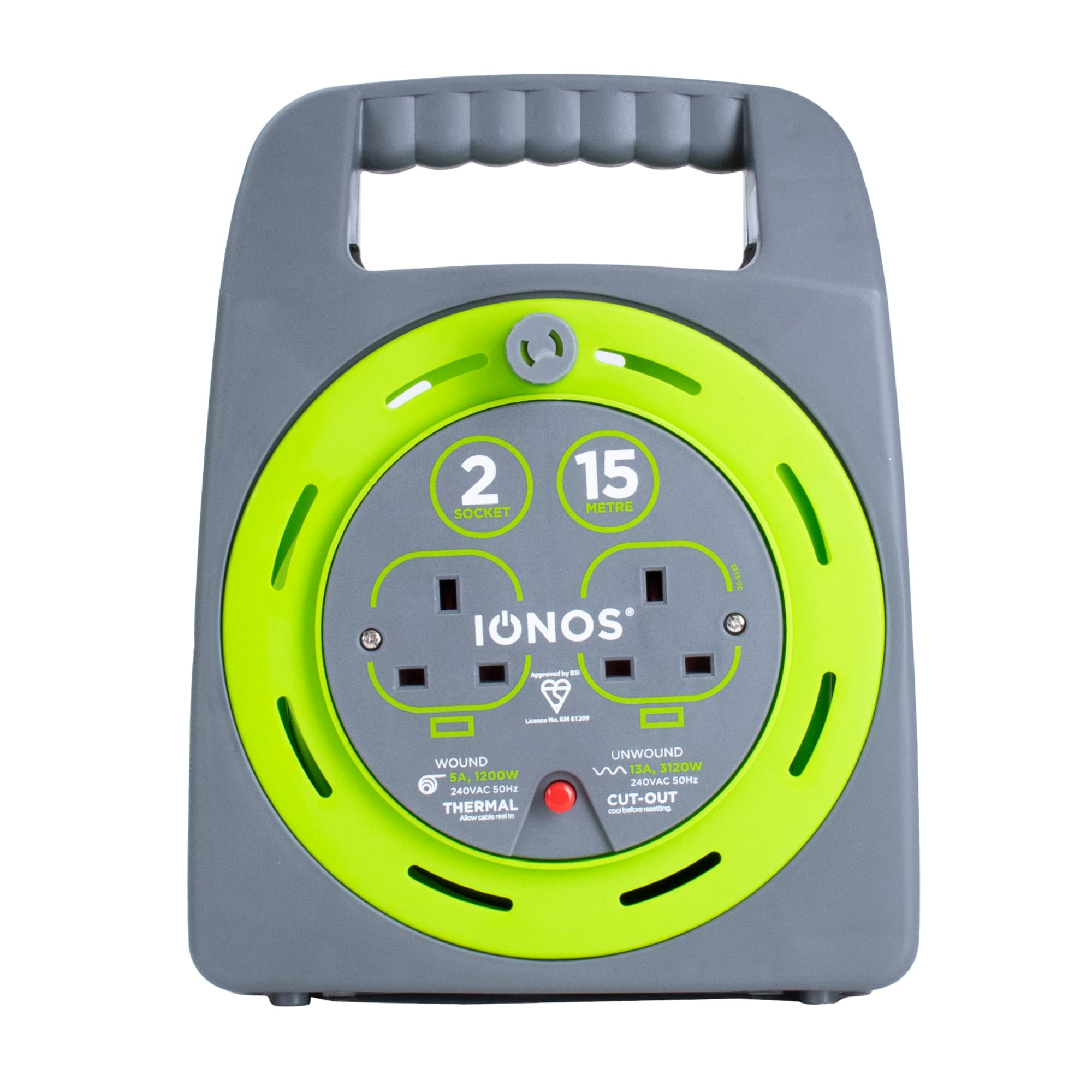 IONOS 2 Socket Cable Reel, 15m, Green, 13 Amp, Thermal Cut Out, Heavy Duty, Outdoor Extension Lead, Ideal for Garden DIY