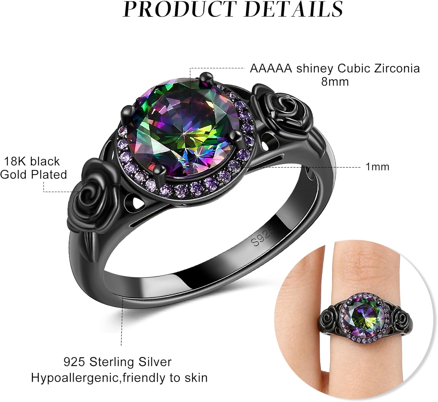 Skull Ring S925 Sterling Silver Black Diamond Gothic Ring Band for Women Promise Engagement Wedding for Her