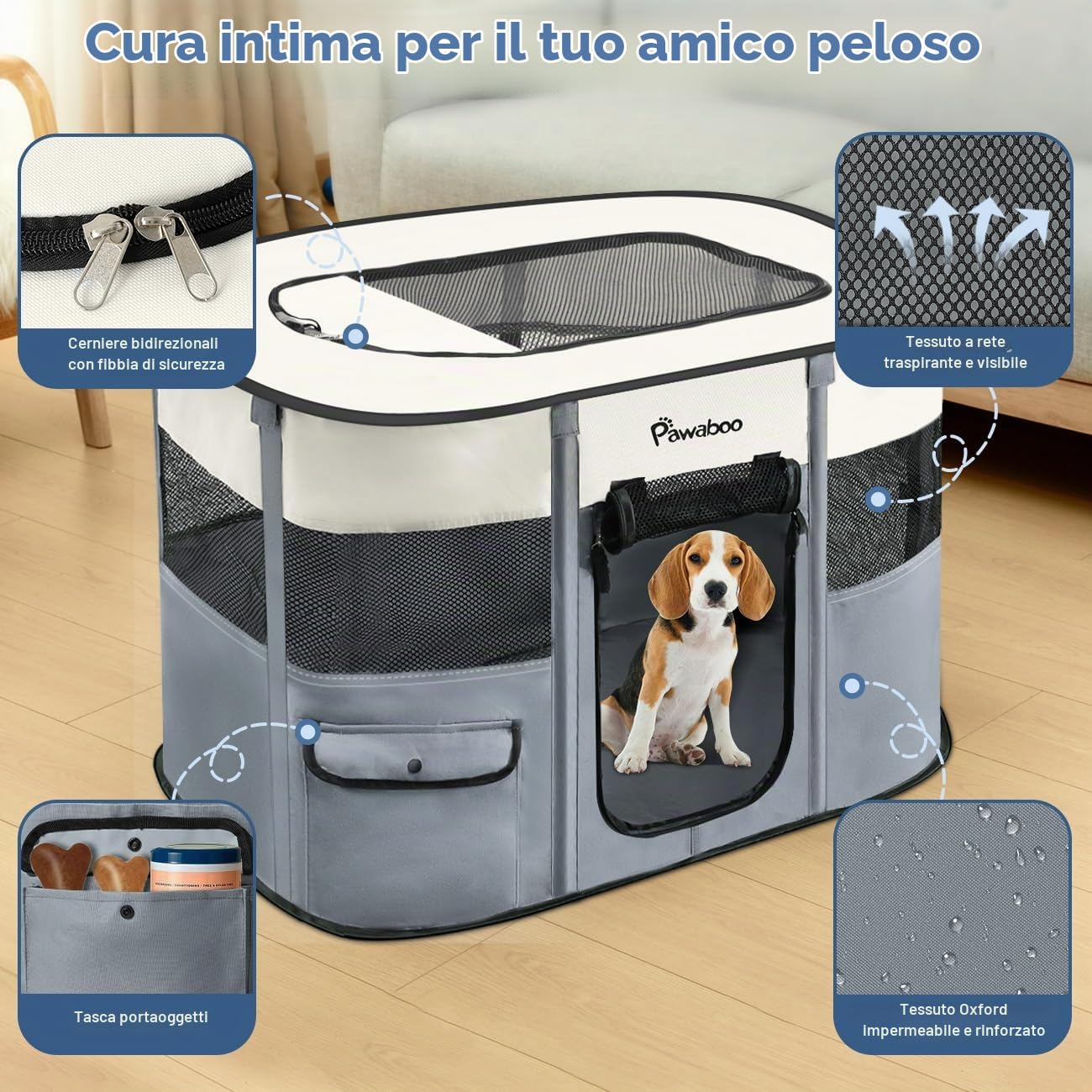Pawaboo Recinto Portatile per Cani in Tessuto Oxford 600D, Grigio | Recinto pieghevole con finestre in rete, porte avvolgibili, borsa da trasporto e ciotola pieghevole, 89 × 71 × 61 cm(L)
