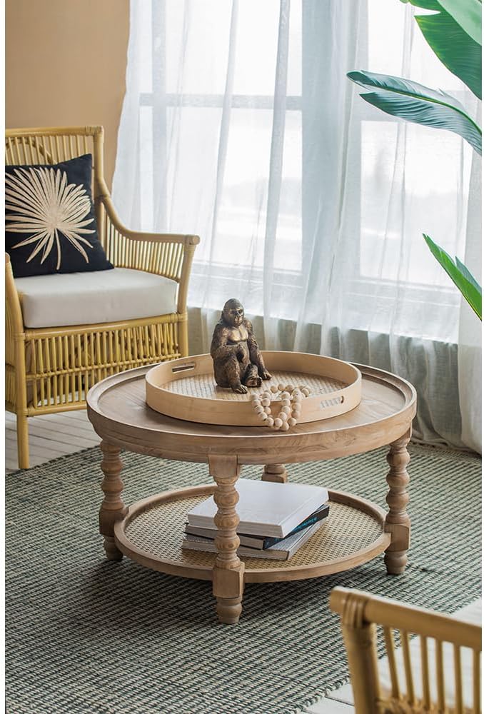 29.7'' Wood Round Coffee Table with Rattan Storage Shelf Farmhouse French Country Rustic 2-Tier Circle Coffee Table Center Table Tea Table for Living Room Apartment Office Natural Wood