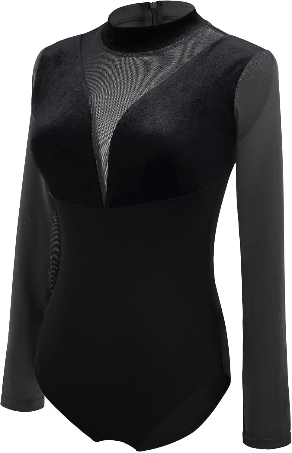 Women's Turtleneck Ballet Leotard With Mesh Long Sleeve, Velvet Dance & Gymnastics Bodysuits - Image 4