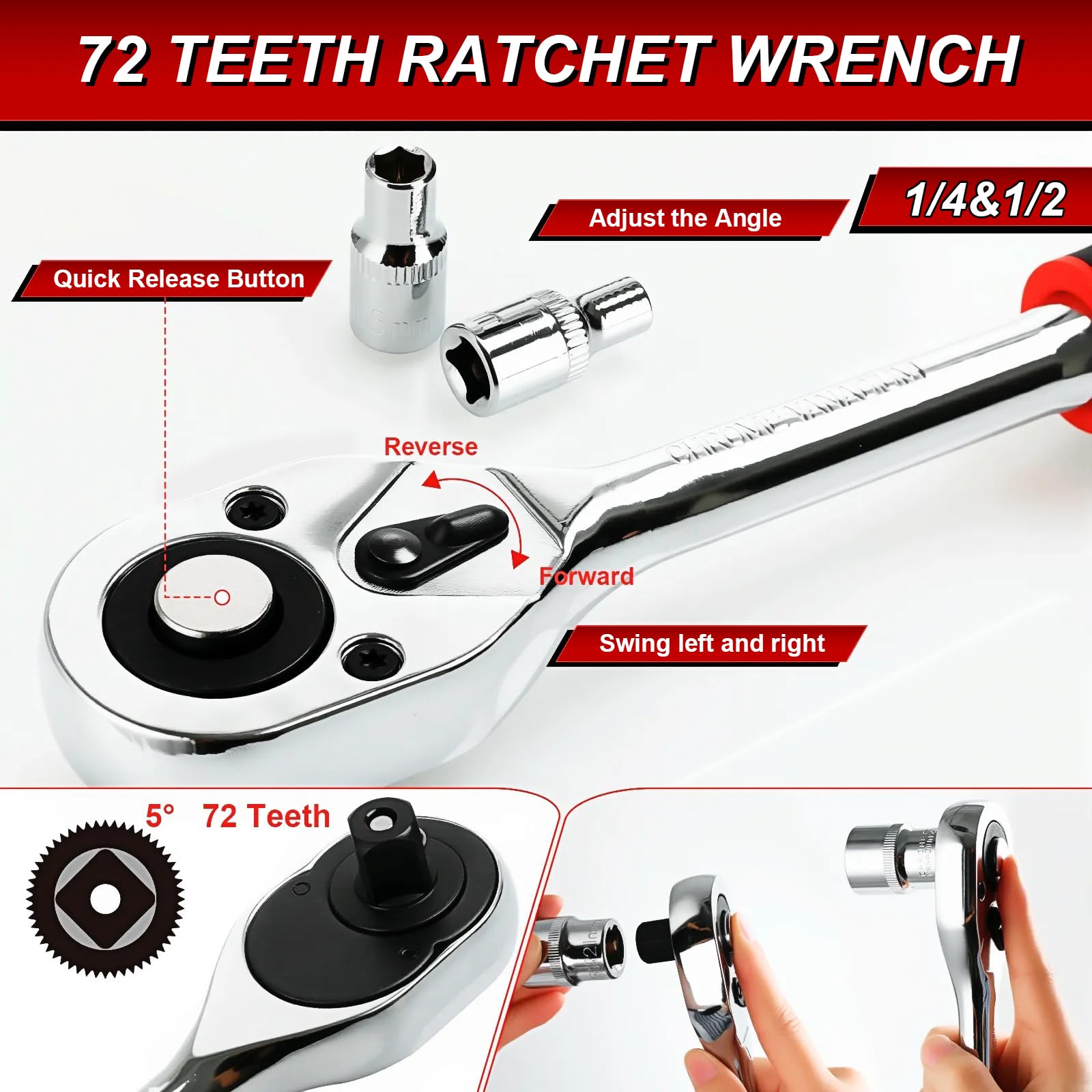 TLGREEN 108-teilig Steckschlüsselsatz Cr-V Steckschlüssel Set Ratschenkasten Knarrenkasten mit 1/4" und 1/2" 72 Zähne Umschaltknarre Sechskant Steckschlüsseleinsatz für Auto Motorrad Fahrrad Heim