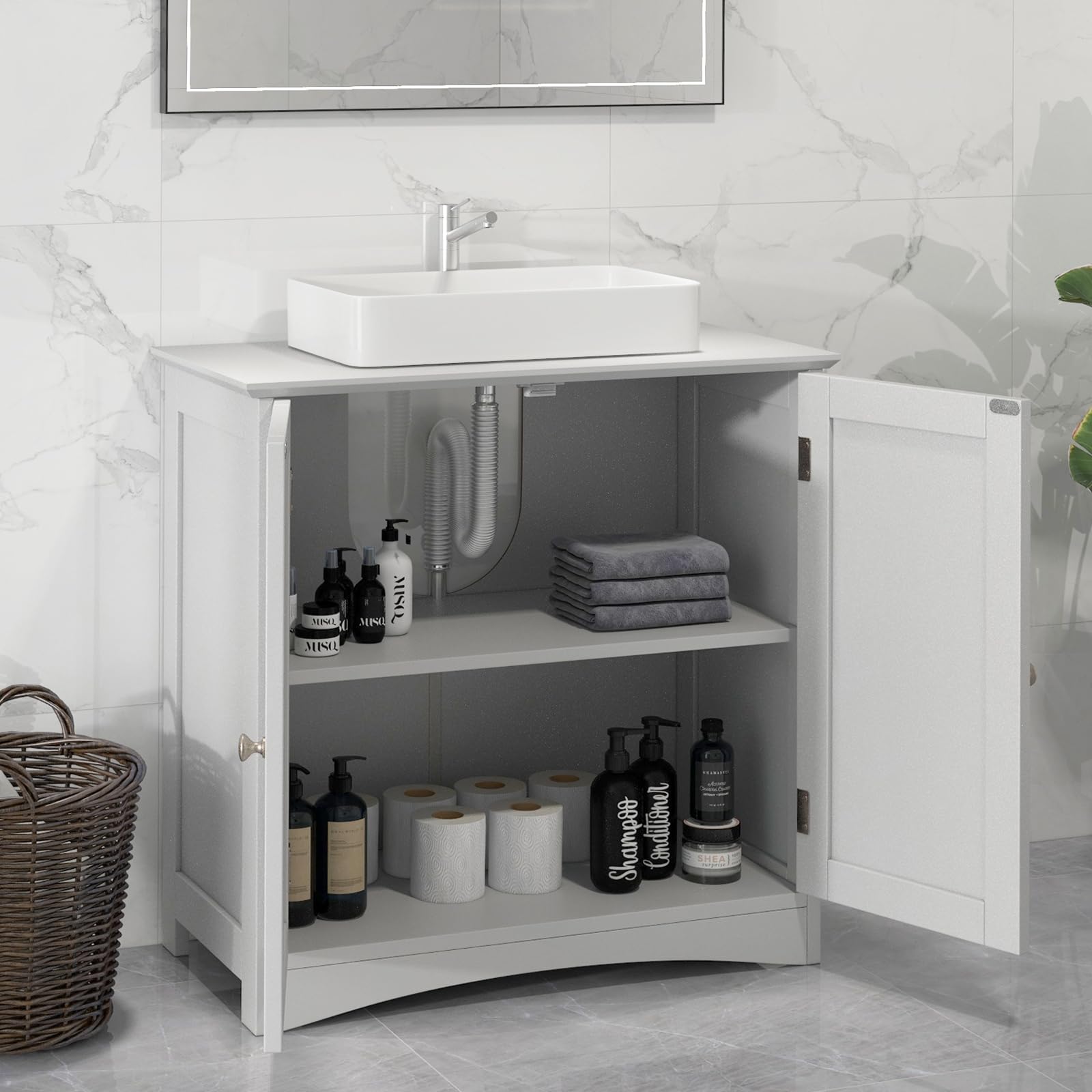 GOPLUS Meuble Salle de Bain sous Lavabo, 2 Portes, Étagère, Meuble Salle de Bain de Rangement sous Vasque avec Découpe en U 22x19cm, Grand Espace de Rangement, Style Moderne, 60x30x60cm, Blanc