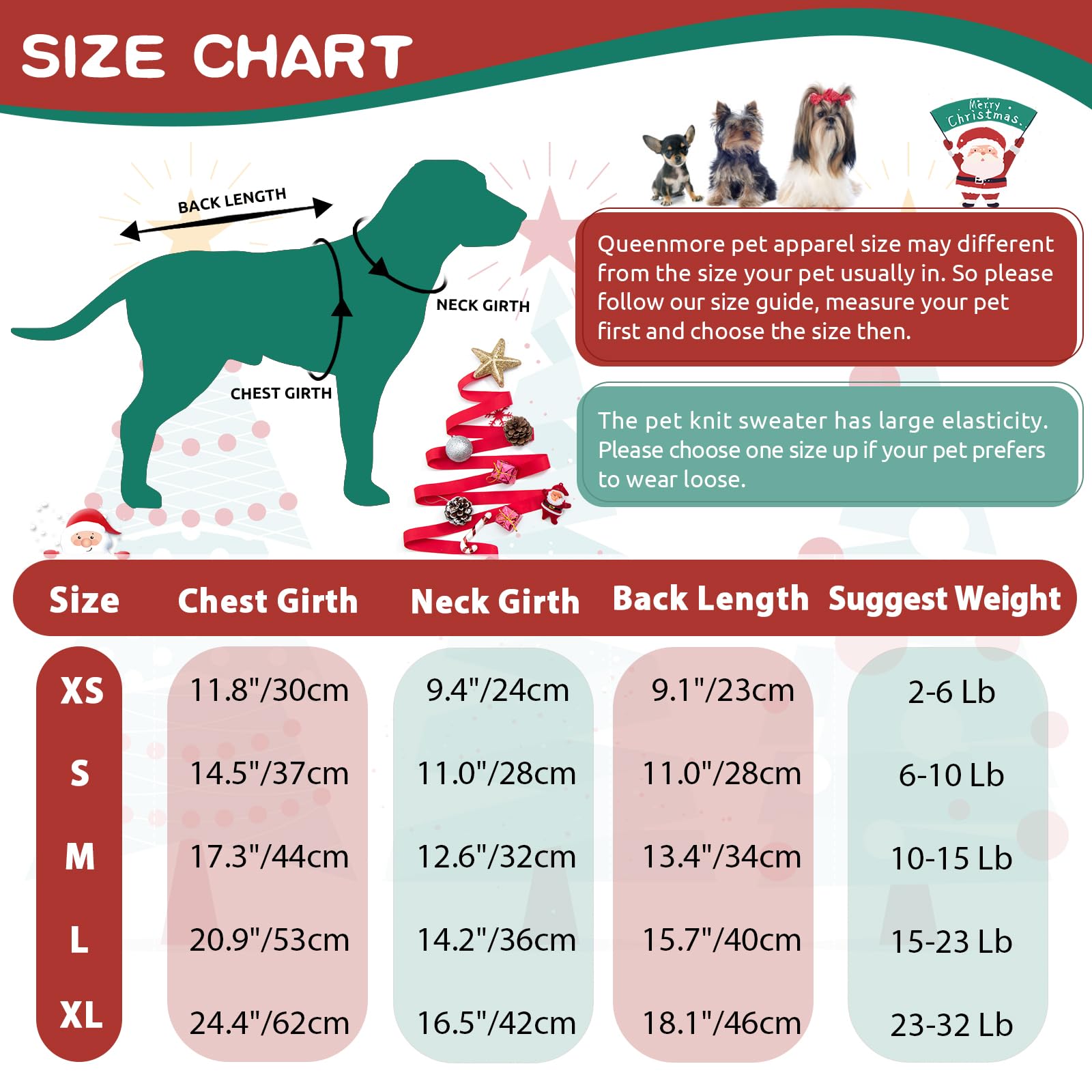 Queenmore Maglione Natale Taglia Grande Per Cane - Maglioncino Bassotto Caldo A Collo Alto Ritorto - Felpa Elastica Per Bulldog Francese, Barboncino, Chihuahua, XL