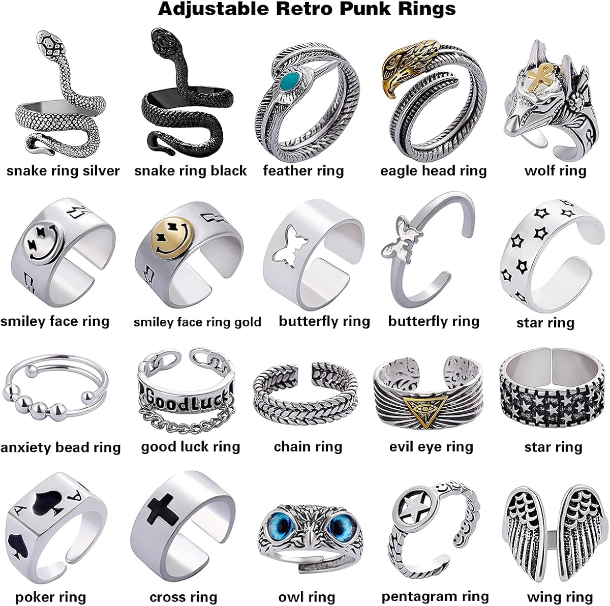 AIDSOTOU 20 Pcs Adjustable Open Rings for Women Men Teen Girls Cool Goth Snake Butterfly Ring Set Matching Rings for Couples Best Friends|