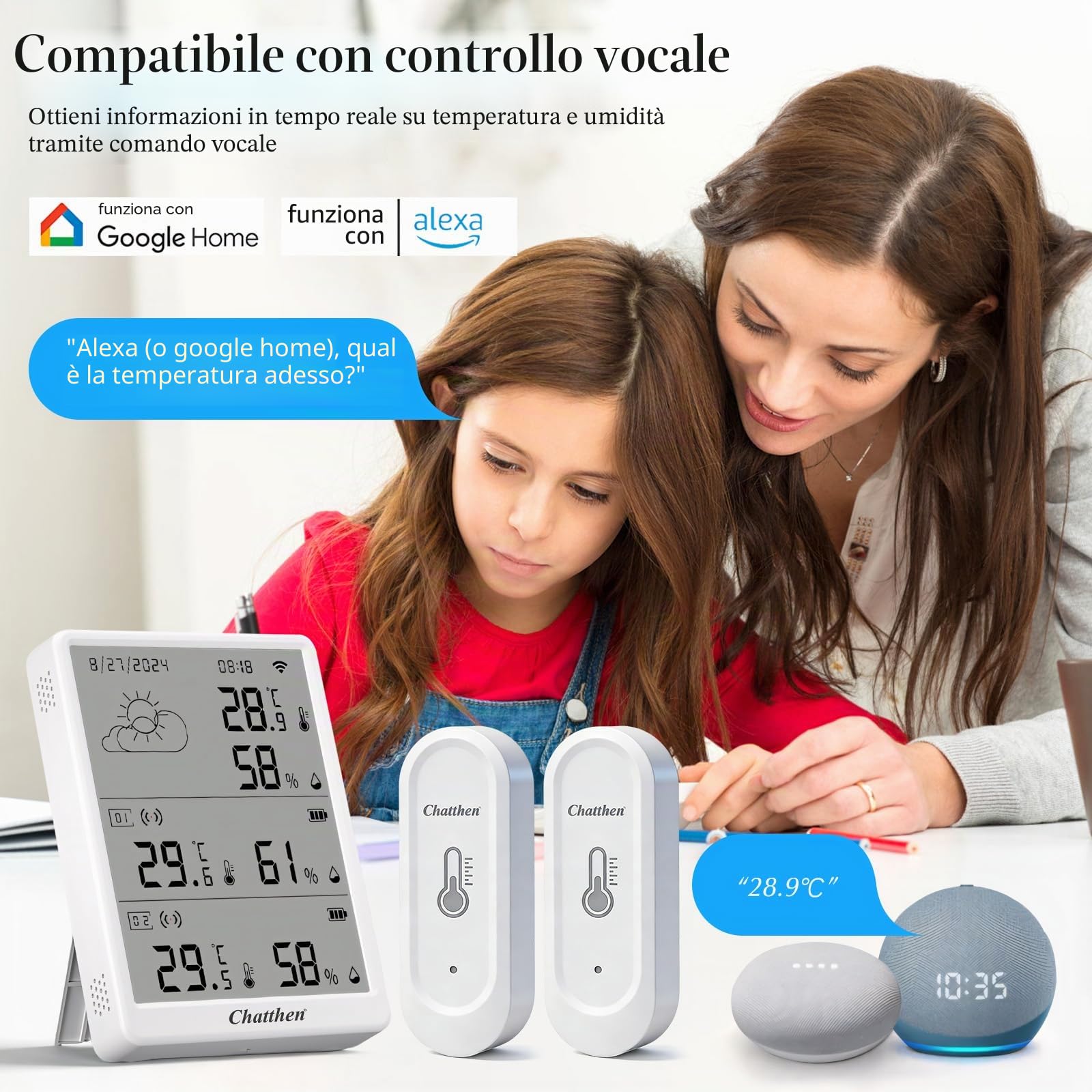 Igrometro Wifi, Termometro Esterno, Wireless 100m Range, Tuya APP Data Storage e Calibrazione, Temperatura e Umidità Monitor, 2 Sensori e 1 Base Station, Compatibile con Alexa