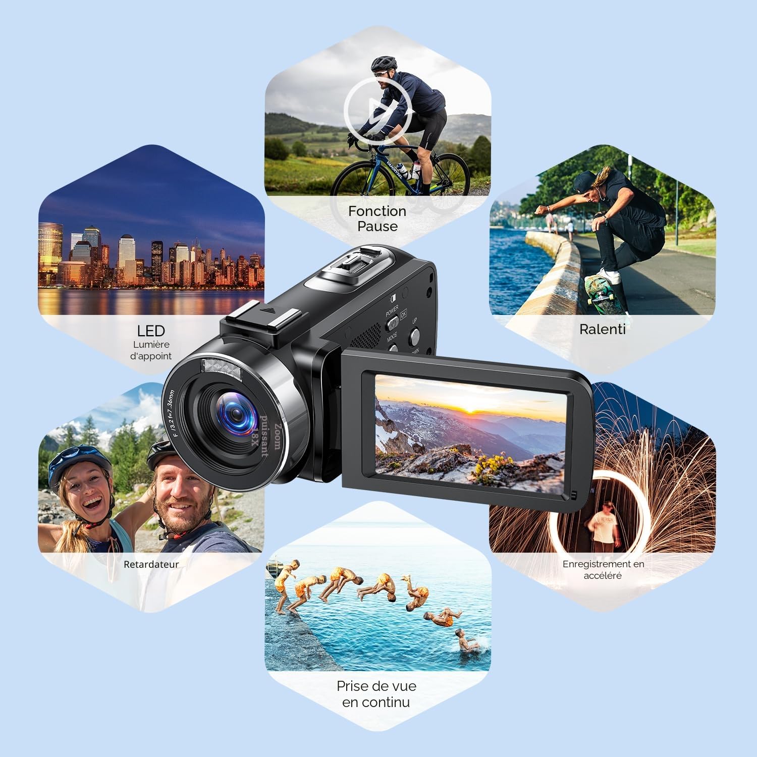 Caméscope 4K 42MP avec Zoom 18x Écran Rotatif 3 Pouces 270° Lumière LED Fonction Webcam 2 Batteries Carte SD 32GB Télécommande