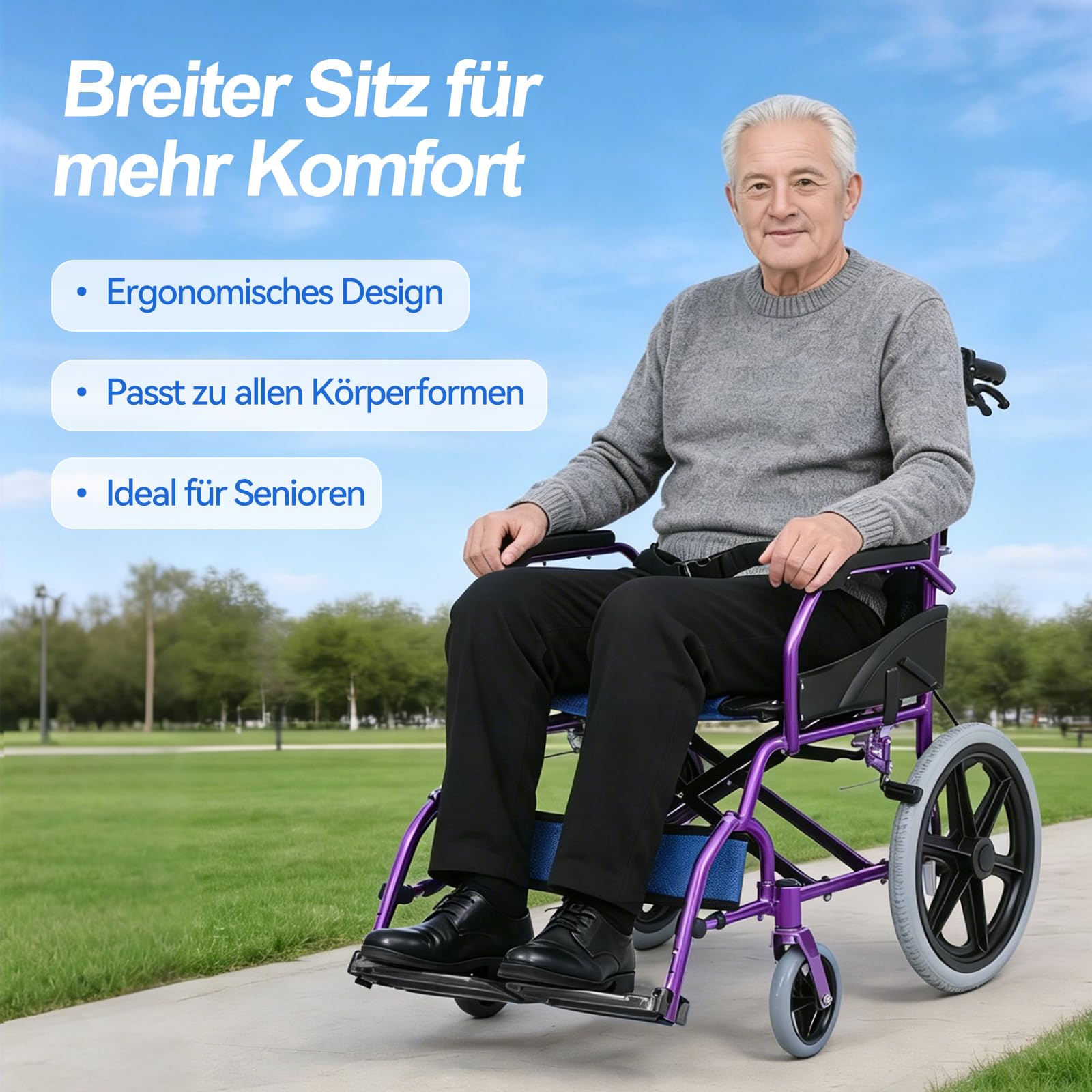 M3 Ultraleicht Rollstuhl Faltbar Leicht, Transitrollstuhl, Bremse an den Griffen Reiserollstuhl für Behinderteund Senioren, FuBstütze, Armlehnen, leicht, Sitzfläche 45 cm, Lila