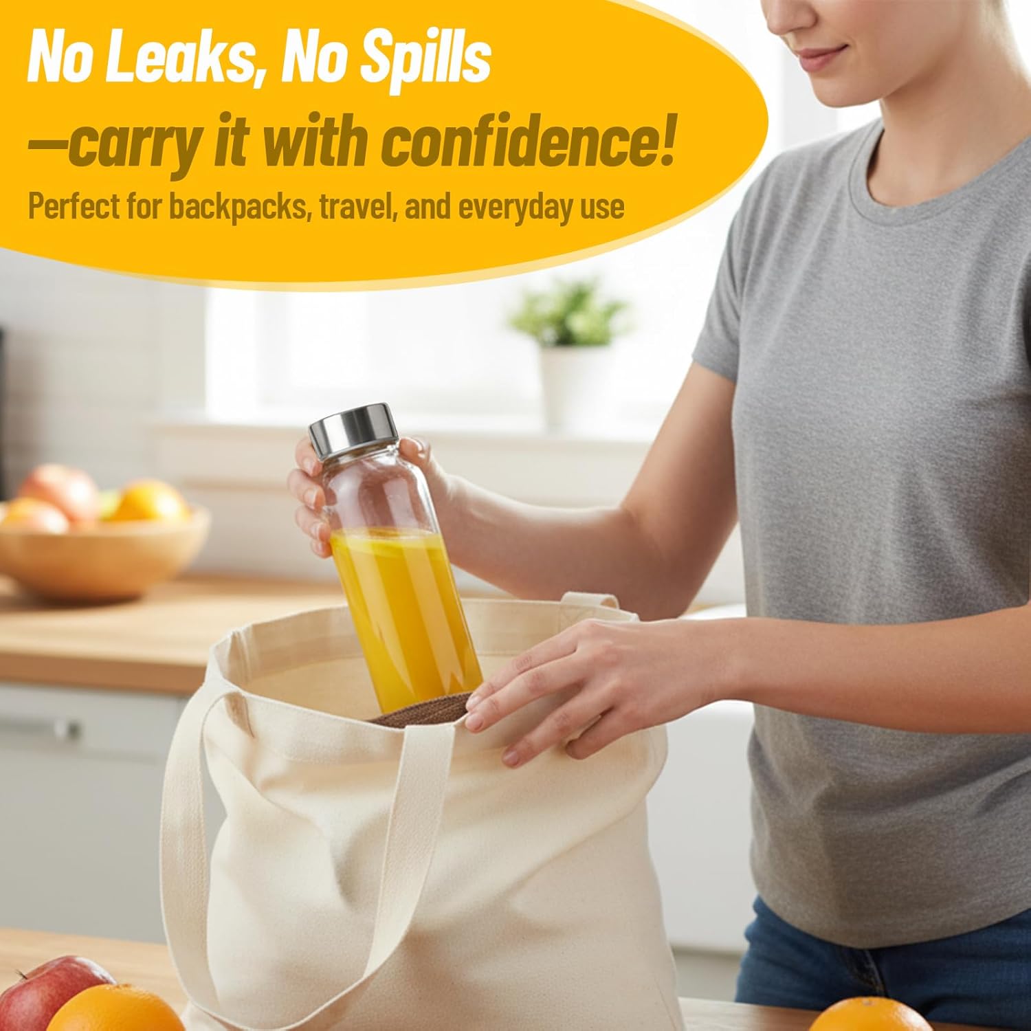 10 oz Clear Glass Bottle with Lid, Reusable Glass Water Bottles with Stainless Steel Cap & Straws for Juicing, Milk, Ginger & Smoothies, Refrigerator, Leak-Proof, Juice Containers Set of 6 - Image 3