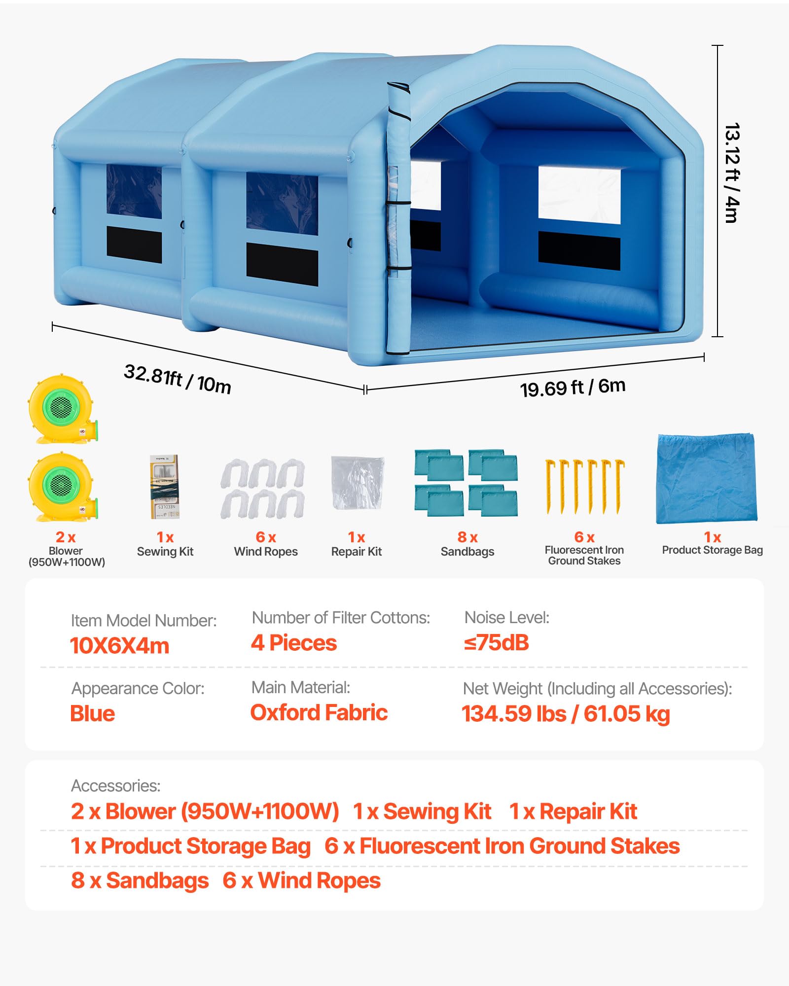 VEVOR Cabine de Peinture Gonflable 10x6x4 m, Tente de Pulvérisation pour Voiture avec Ventilateurs de 950 W et 1100 W et Système de Filtration d'air, Toit Rond, pour Garage Atelier Automobile