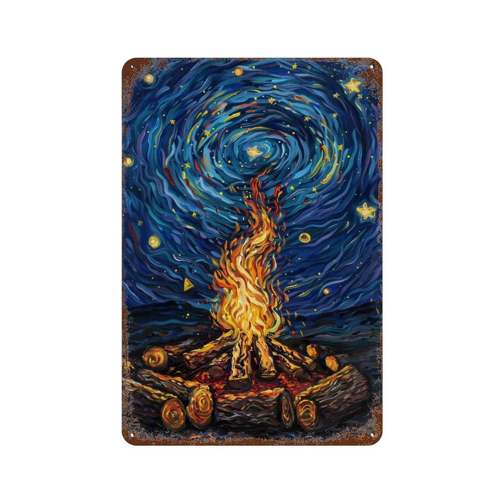 WUJHGRSG Post Impressionist Twirl Indigo Night Flaming Bonfire 02 Wall Art Retro Iron Vintage Metal Tin Sign Poster Modern Decor for Home Cofffee Club Bar Shop Style 30x20cm