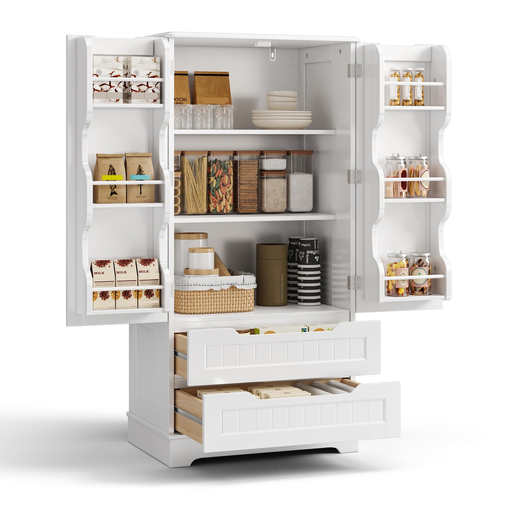 Küchenschrank Weiß mit Holzplatte, Buffetschrank mit 2 Schubladen und Türen, Vorratsschrank Landhausstil, Sideboard Aufbewahrungsschrank für Küche, Esszimmer und Wohnzimmer