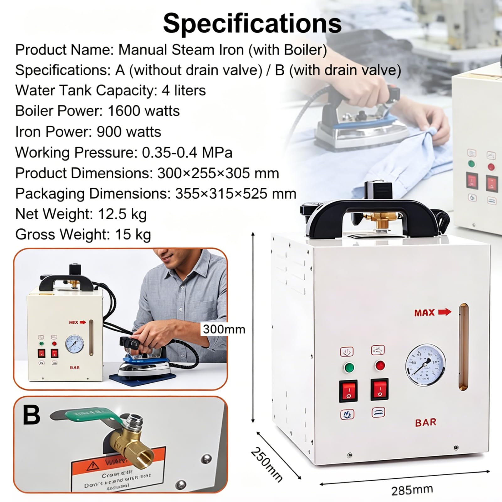 ZHENYUWANG Plancha de Vapor eléctrica de 1600 W, Plancha de Vapor Industrial de Acero Inoxidable para Ropa, Caldera de Vapor portátil con depósito de Agua de 4 litros y manómetro.