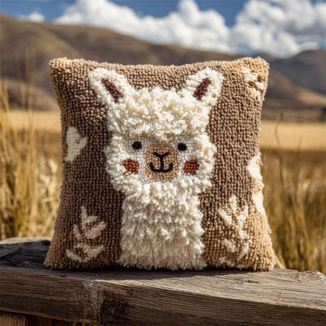 Kitquiver Animal Cushion Making Kit Cartoon Alpaca Crochet Needlework Crafts with Latch Hook Tool for Adults DIY Handmade Home Cushion Kits Decor 17x17In