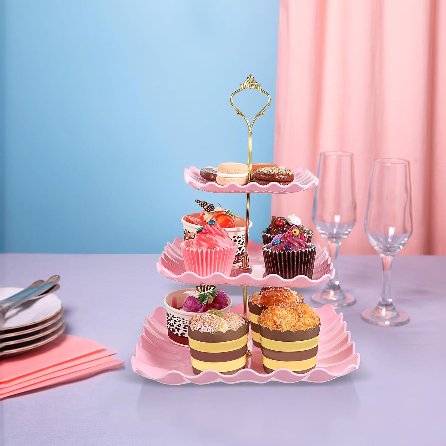 8 Pcs Cupcake Stand Set - Pink Plastic Dessert Table Display Set, 2 Pcs 3 Tier Cupcake Stands with Gold Rod Cookie Tray Rack Dessert Trays and Cooking Tongs Serving Tower for Tea Party
