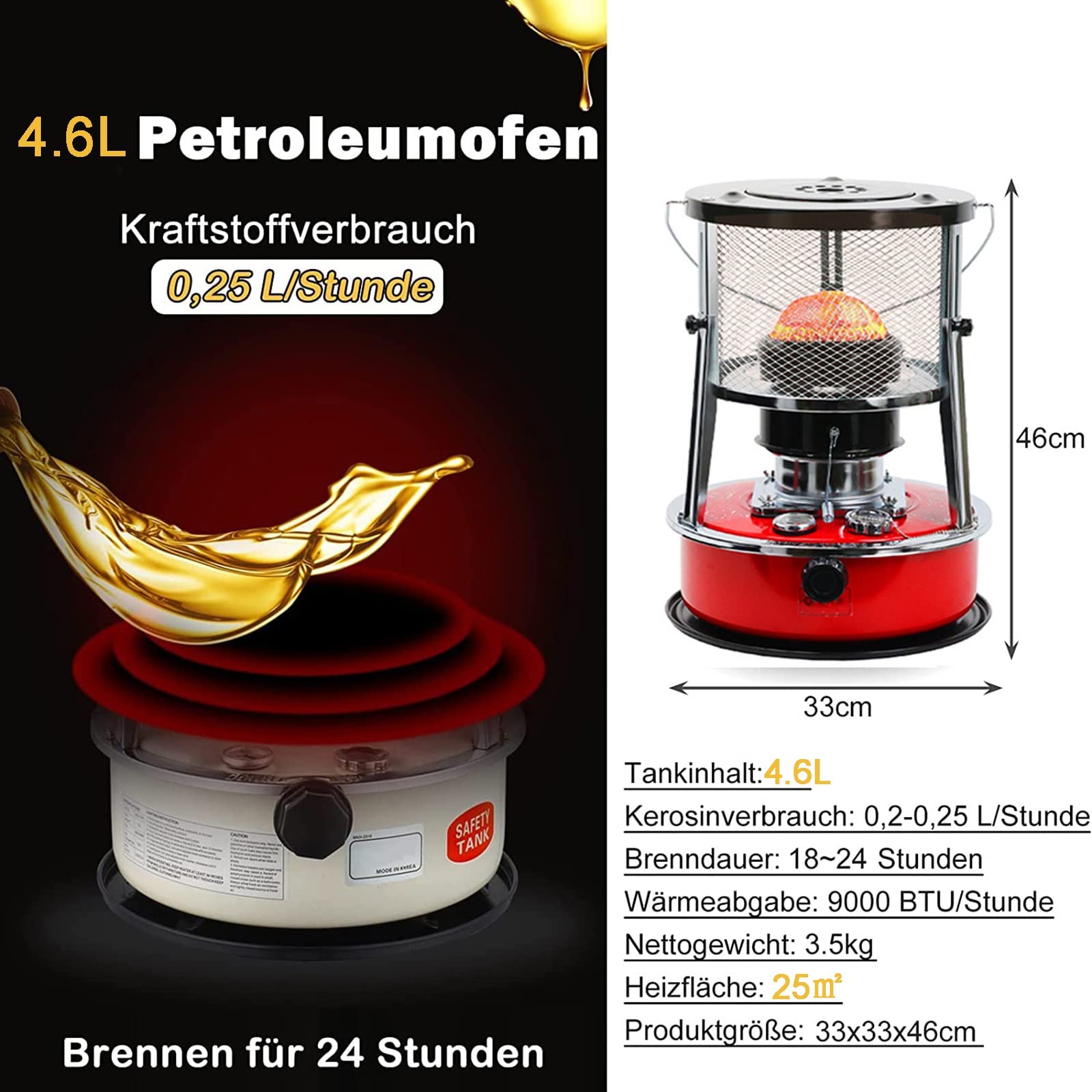 Große Petroleumofen Heizung Heizer Mit Umfallschutz Heizstrahler, Tragbarer Effizienter Petroleumofen für Innenräume, Kochen und Gewächshaus, Heizung Ohne Strom, Mit 7 Baumwollkerne