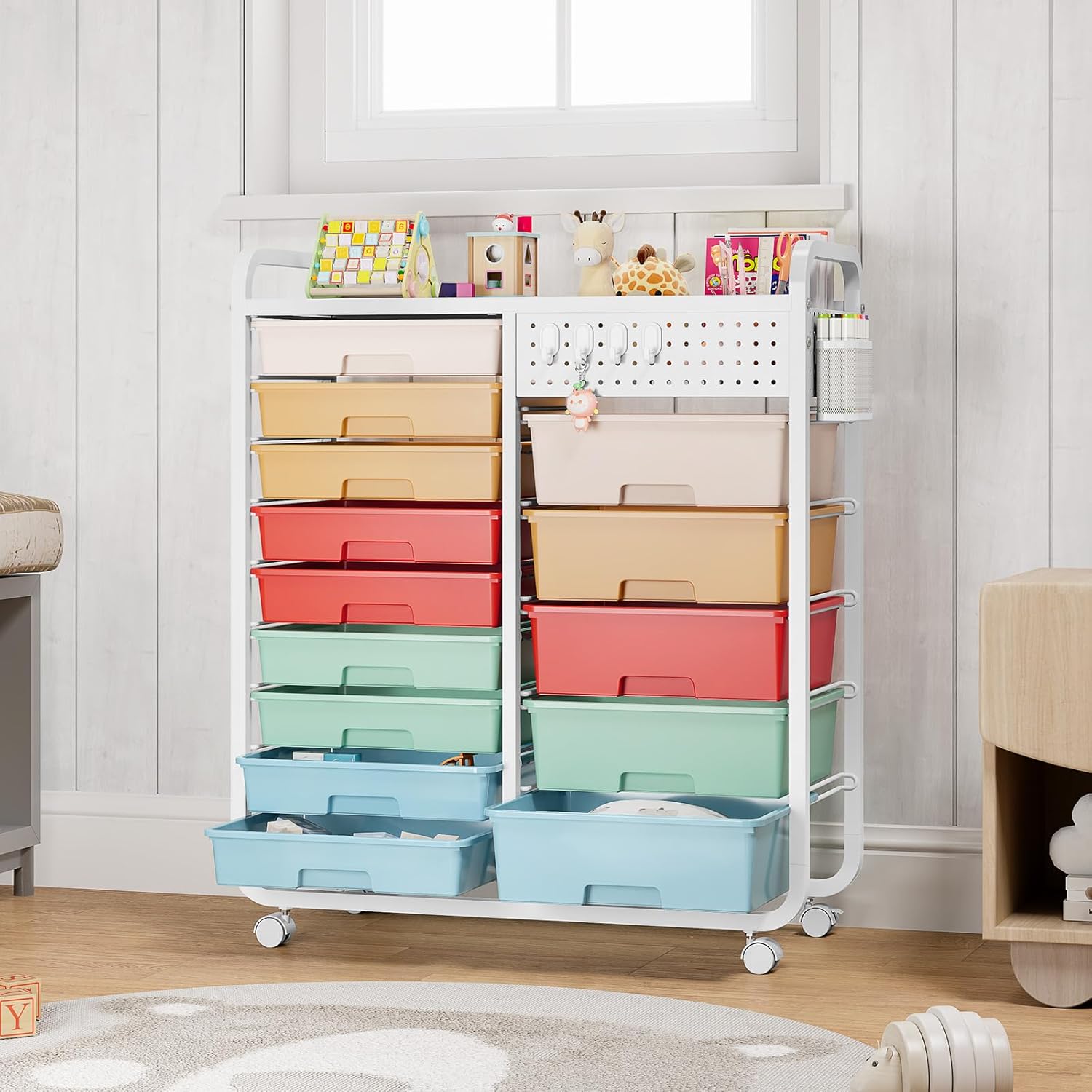 Rolling Storage Cart with 14 Drawers, Storage Organizer Cart with Tabletop and Pegboard,Utility Cart for Living Room, Classroom, Bedroom,Bathroom,Dorm,Office (Rainbow)