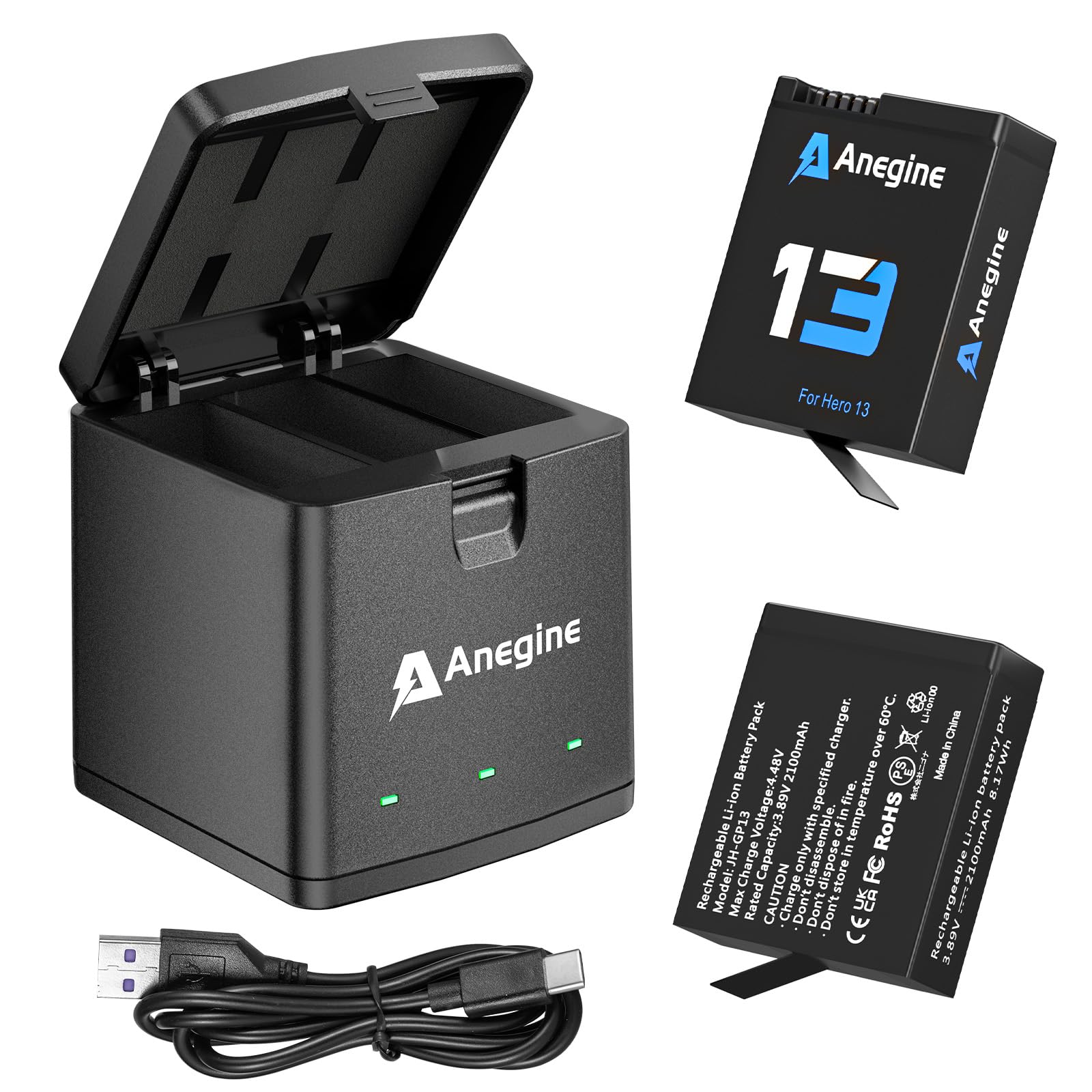 Anegine Hero 13 Akku 2100mAh und LED 3-Kanal USB Speicherladegerät für Hero 13 Black Enduro Wiederaufladbarer Akku mit Typ-C (2er-Pack)