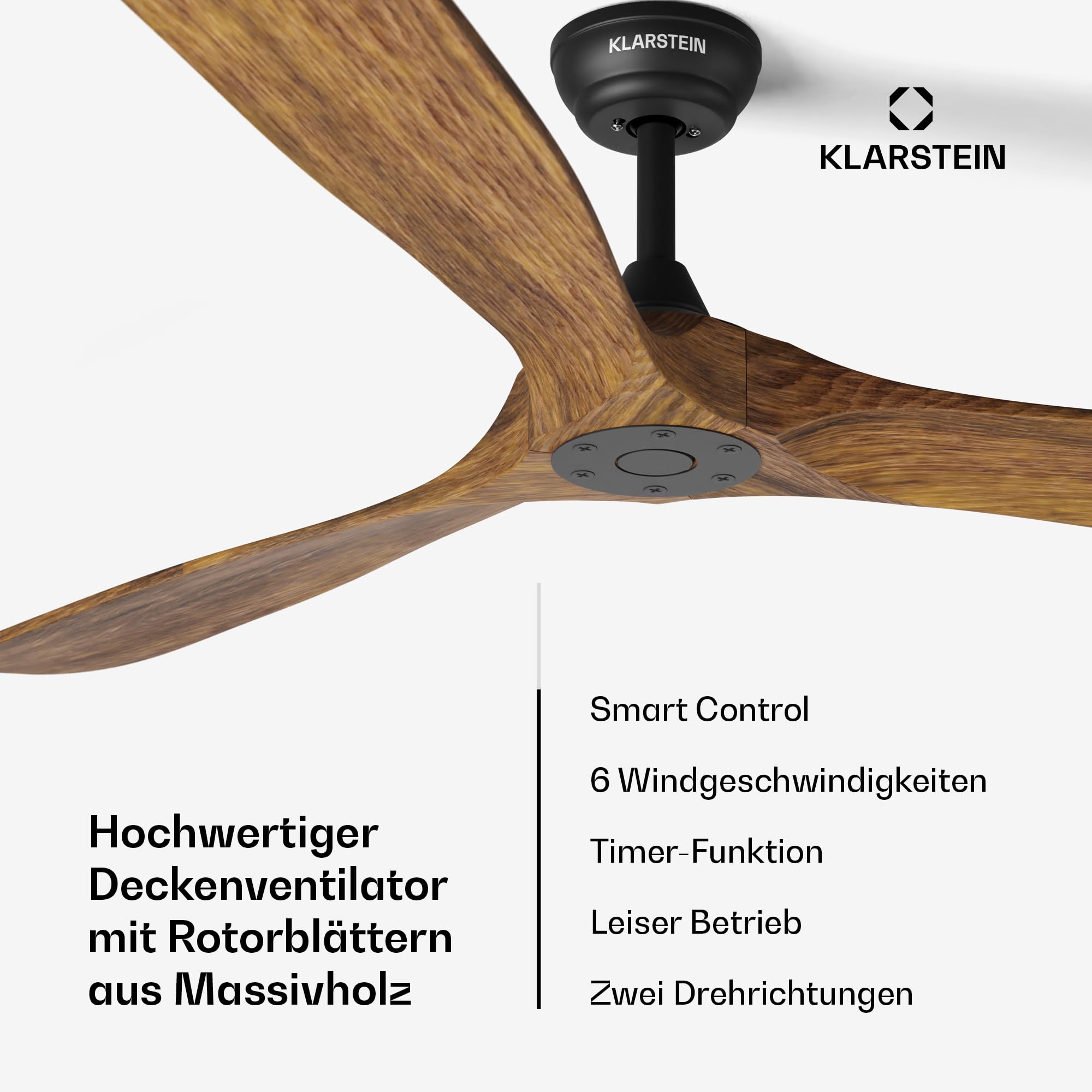Klarstein Deckenventilator Leise mit Fernbedienung – 178 cm Walnuss, Smart Steuerung per App & Sprachbefehle, 6 Geschwindigkeiten, Sommer-/Winterbetrieb, Flüsterleise für Schlafzimmer, Energiesparend