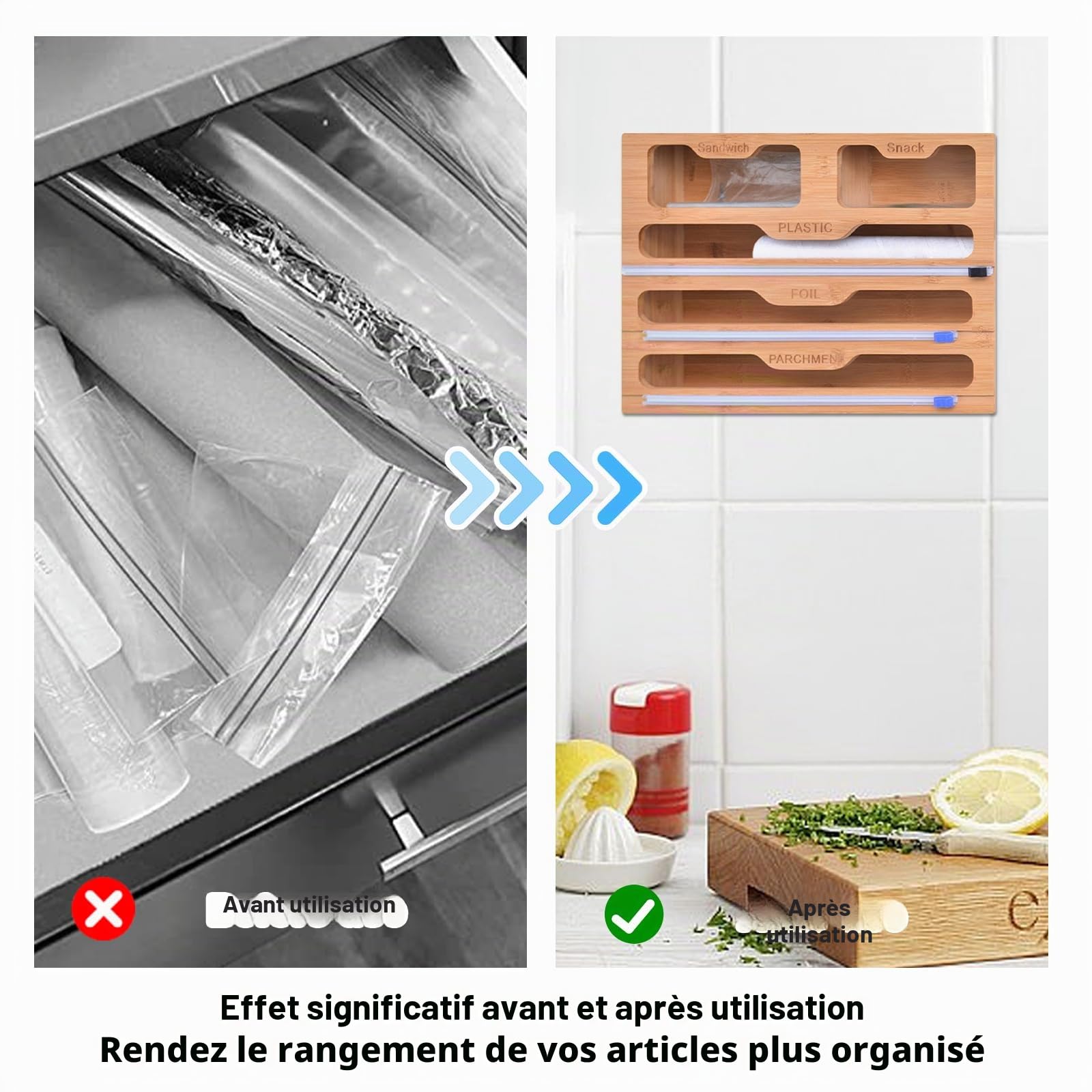 Vegena Découpeur de Film 5 en 1 avec Cutter, Distributeur de Film avec Cutter, Distributeur de Film pour Tiroir, Dérouleur de Film Alimentaire, Distributeur de Film Alimentaire et Cutter pour Tiroir
