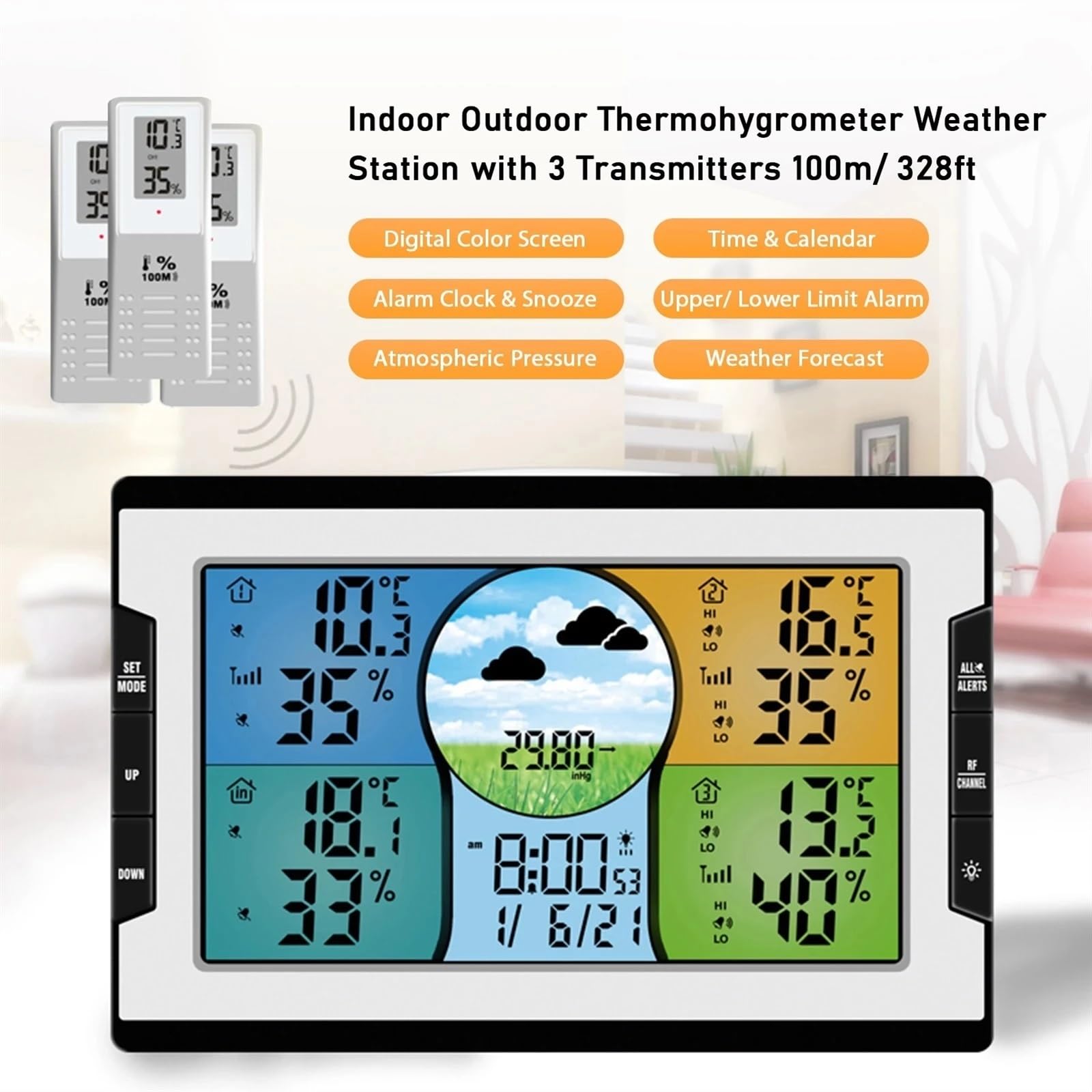 Stacje pogodowe, Cyfrowa stacja pogodowa z 3 zdalnymi czujnikami 328 stóp/100 m wewnętrzna temperatura zewnętrzna i monitor wilgotności budzik dla domowego biura,for Home Garden