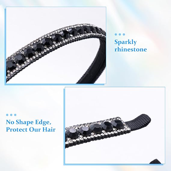 HINZIC Non-Slip Rhinestone Headbands for Women, Sparkling Crystal Hair Bands for Bridal Wedding, Bling Diamond Hair Styling Clips Accessories for Girls- Black