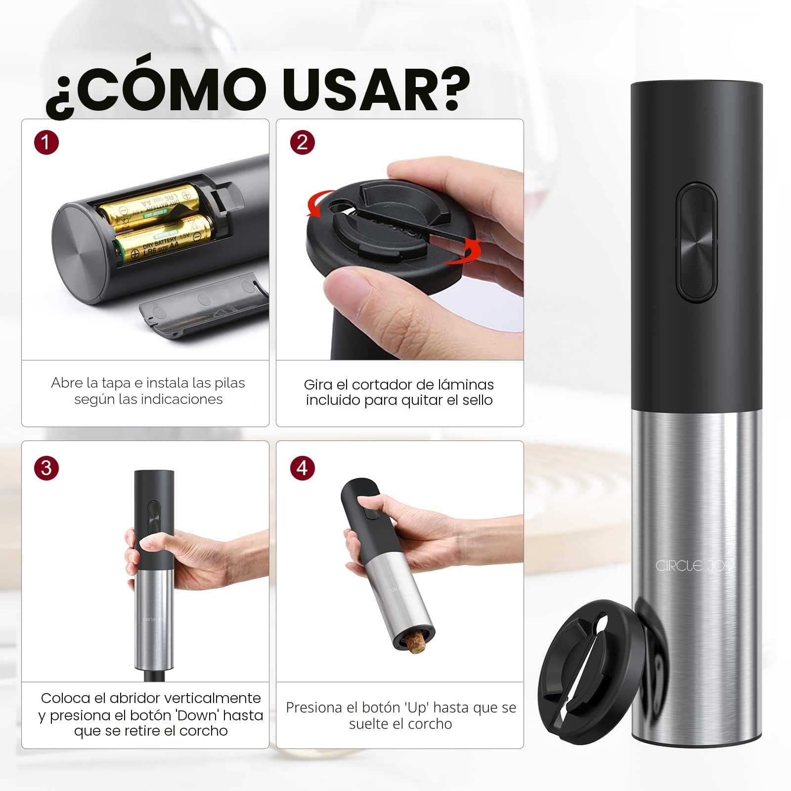 CIRCLE JOY Sacacorchos Eléctrico Abridor de Vino Automático con Cortador de Lámina Bloqueable