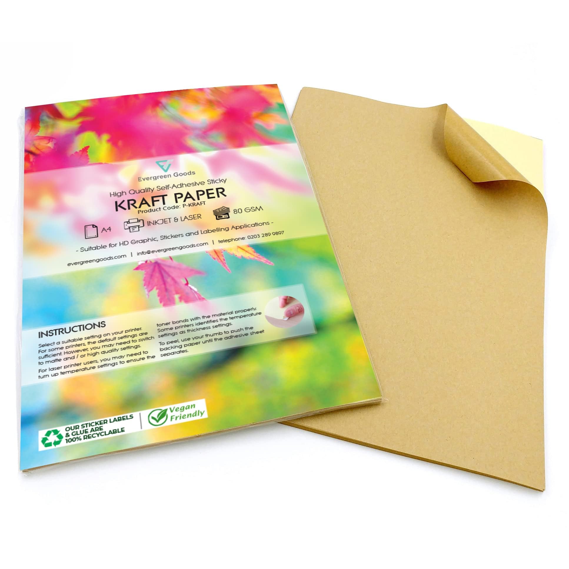 Evergreen Goods - 500 fogli di carta kraft marrone opaca formato A4, etichette autoadesive per Cricut e Silhouette, stampabili a getto d'inchiostro e laser, durevoli e versatili, dimensioni 210 mm x