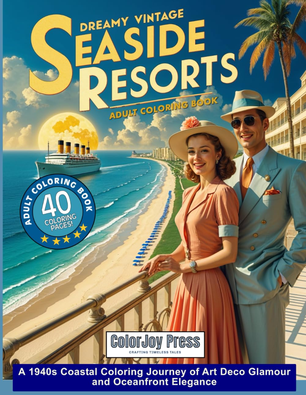 Dreamy Vintage Seaside Resorts: Adult Coloring Book: A 1940s Coastal Coloring Journey of Art Deco Glamour and Oceanfront Elegance
