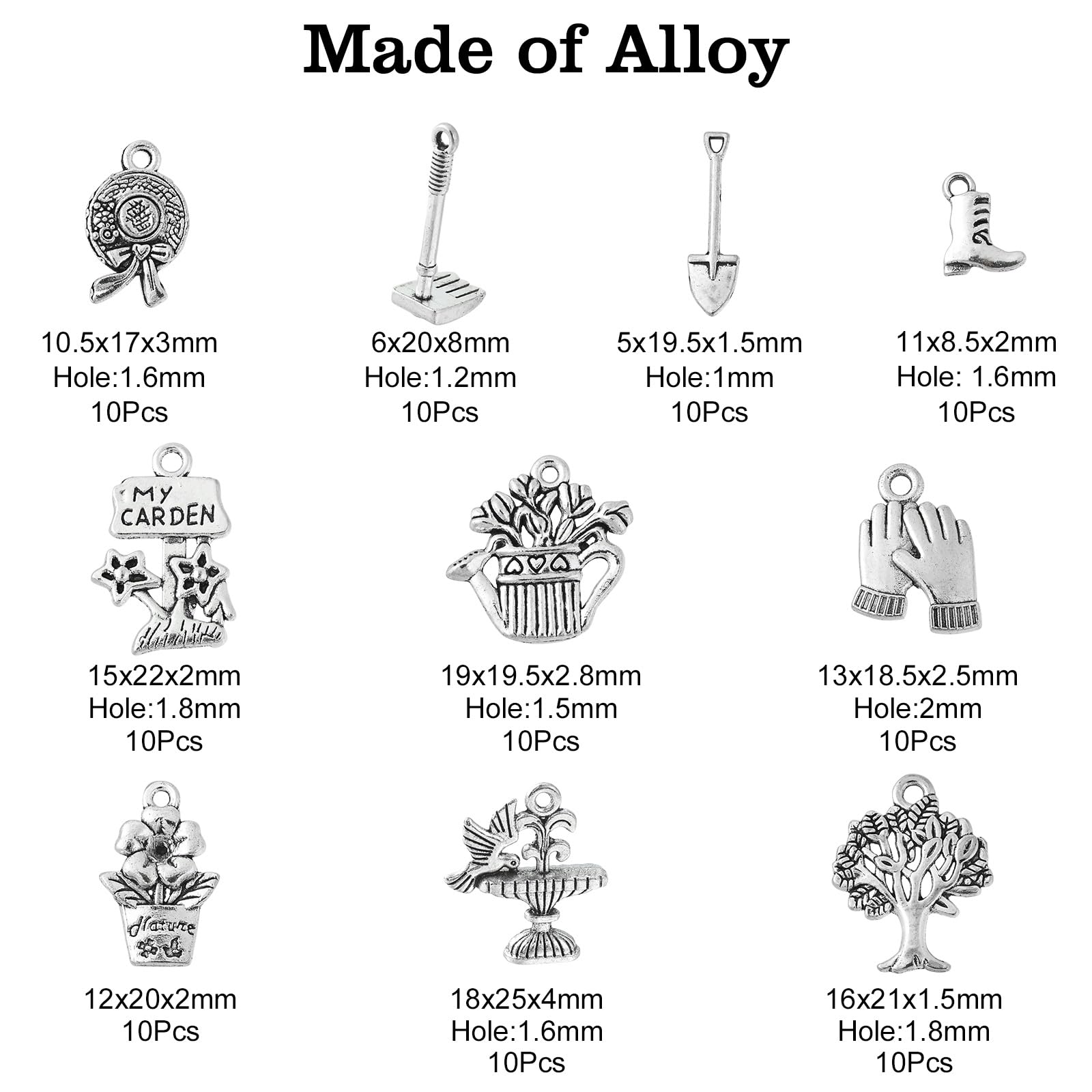 UR URLIFEHALL 100 Pcs 10 Styles Tibetan Style Gardening Charms Antique Silver Shoes Glove Pot Tree Watering Can Charms for Jewellery Making - Image 2