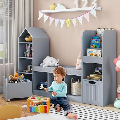 Miniatura 4 de Vabches Organizador de almacenamiento de juguetes para niños con rincón de lectura, estantería multifuncional con 7 cubos de almacenamiento, 2