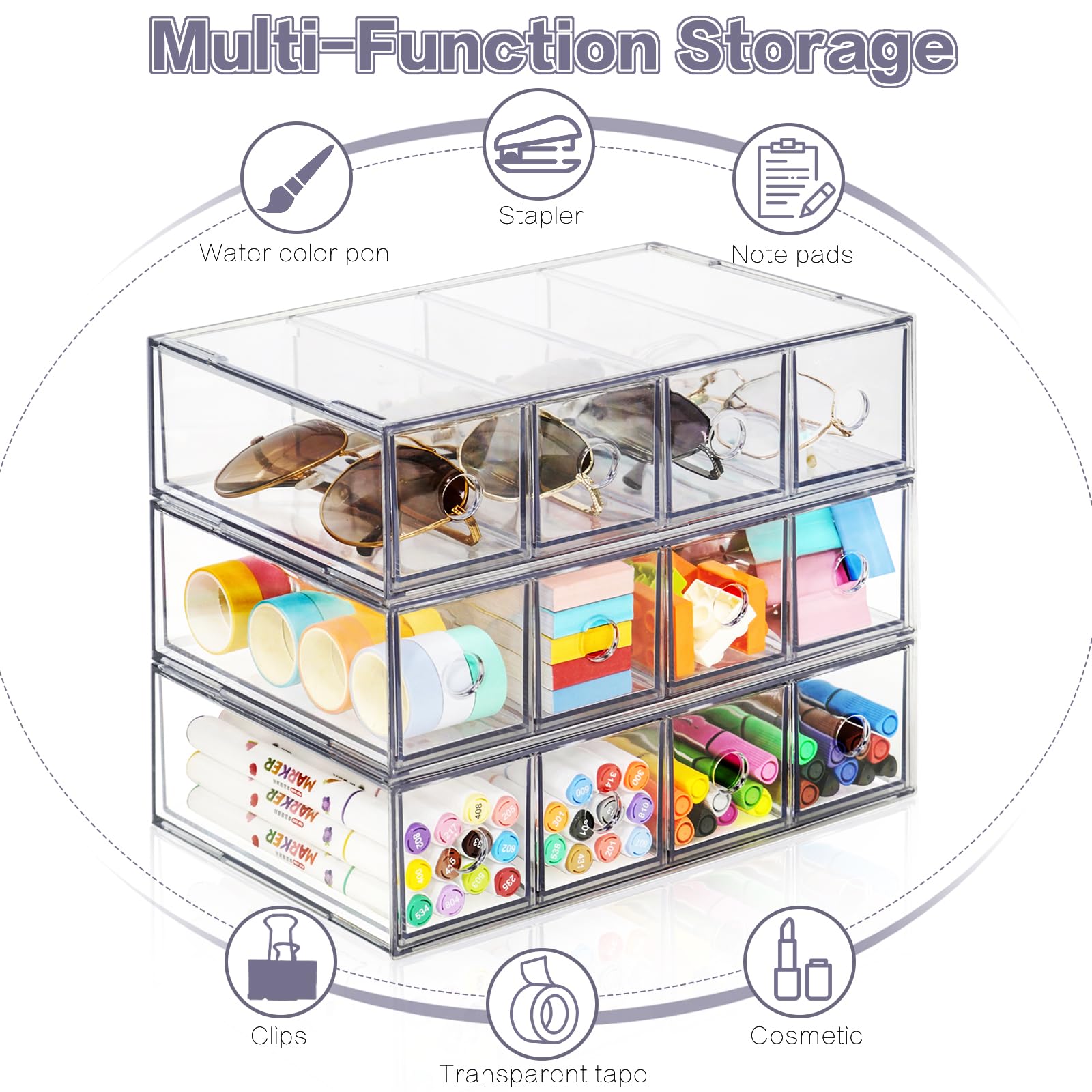 Organizer da scrivania con 12 cassetti, 3 pezzi, impilabile, con cassetto rimovibile, organizer trasparente per occhiali da sole, cancelleria, pennarelli, occhiali, forniture per ufficio