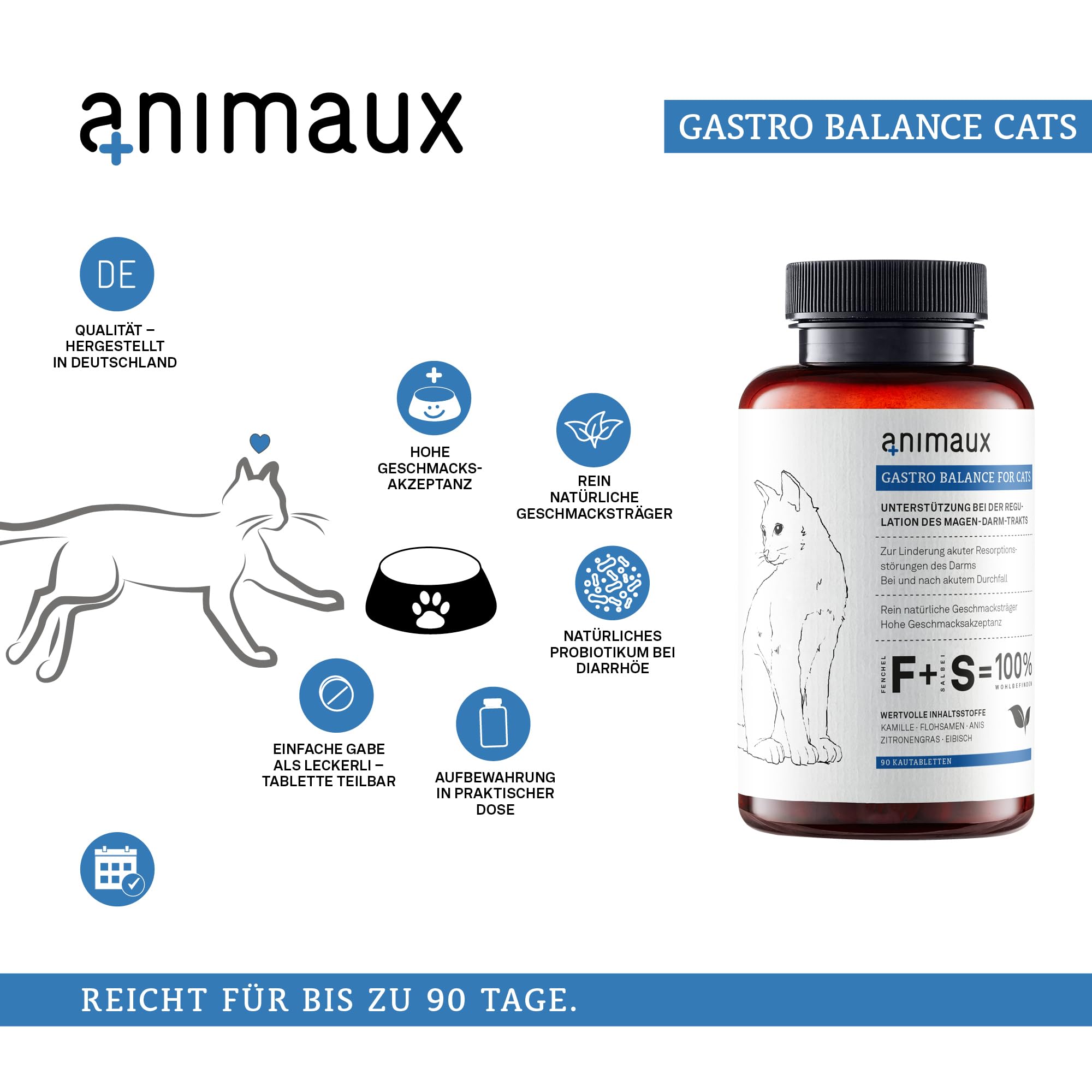 Kautabletten für Katzen bei Durchfall – Unterstützung für Verdauung & Darmflora – Mit Probiotika – 90 Stück – animaux Gastro Balance