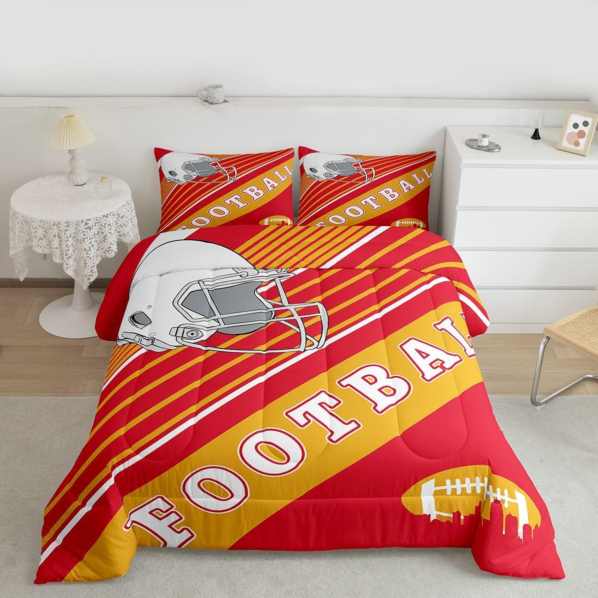 Erosebridal Gridiron Comforter Set Rugby Decor Sports Game Bedding Comforters & Sets Twin, Boys Football Bedding Red Yellow White Striped Duvet Insert 2Pcs