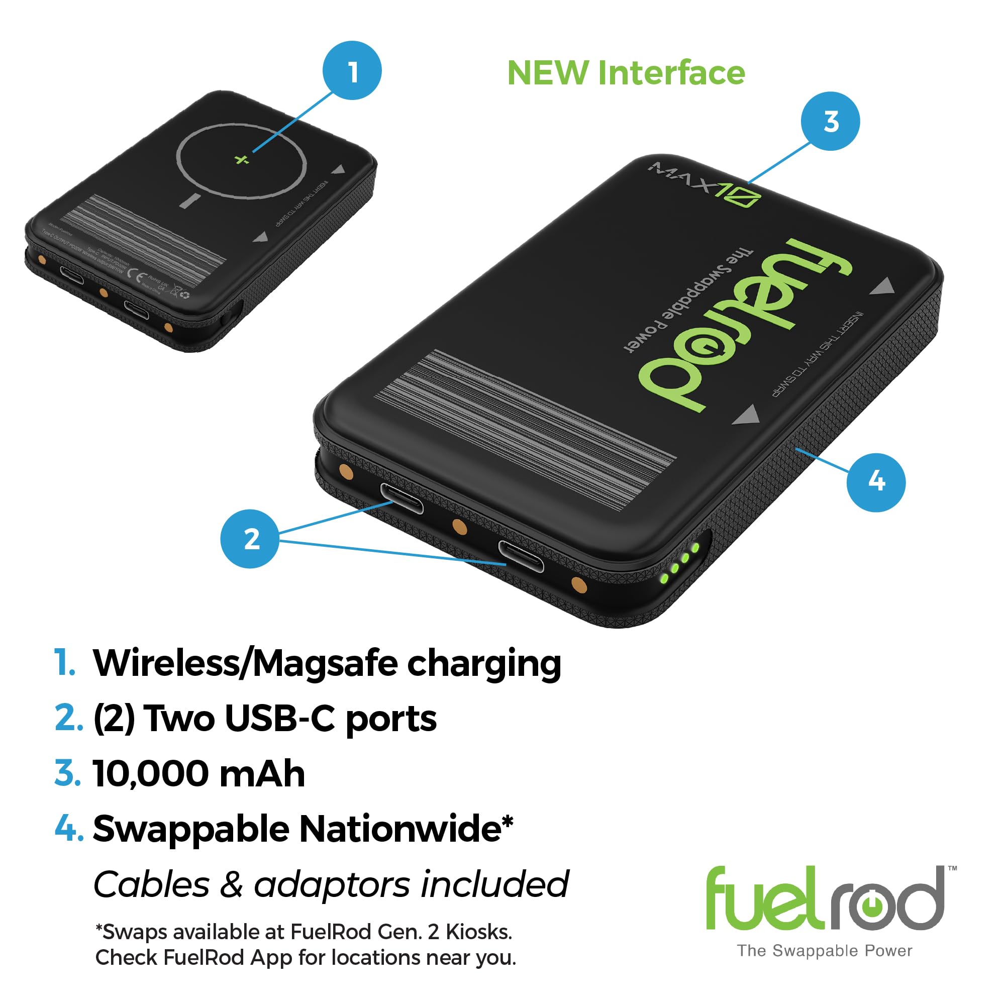 FuelRod MAX10 - Cargador portátil de alta capacidad, potencia intercambiable, carga inalámbrica, USB-C, 10.000mAh