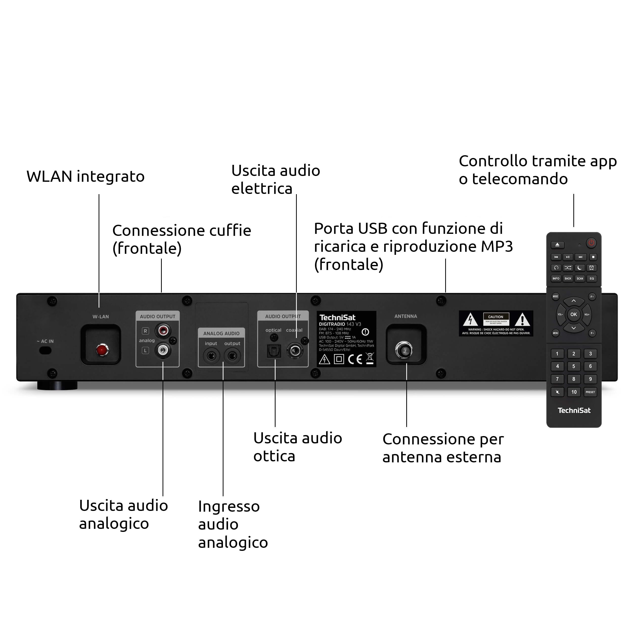 TechniSat DIGITRADIO 143 (V3) - Sintonizzatore HiFi per Internet Radio (Radio Digitale DAB+, Streaming Audio Bluetooth, Spotify Connect, Antenna telescopica, Telecomando, Larghezza 43,5 cm) nero