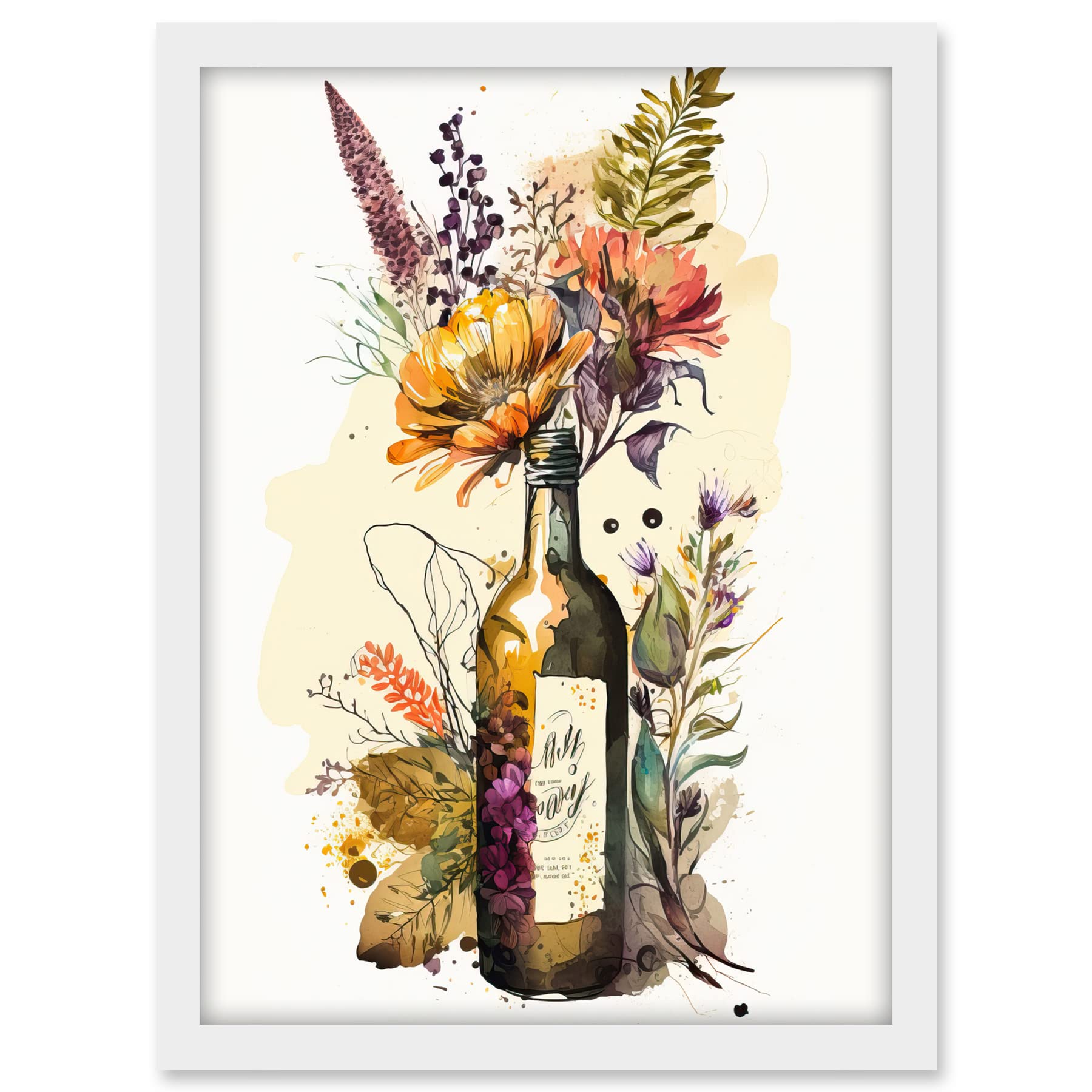 Artery8 Wildflower Bouquet in Upcycled Glass Wine Bottle Artwork Framed A3 Wall Art Print