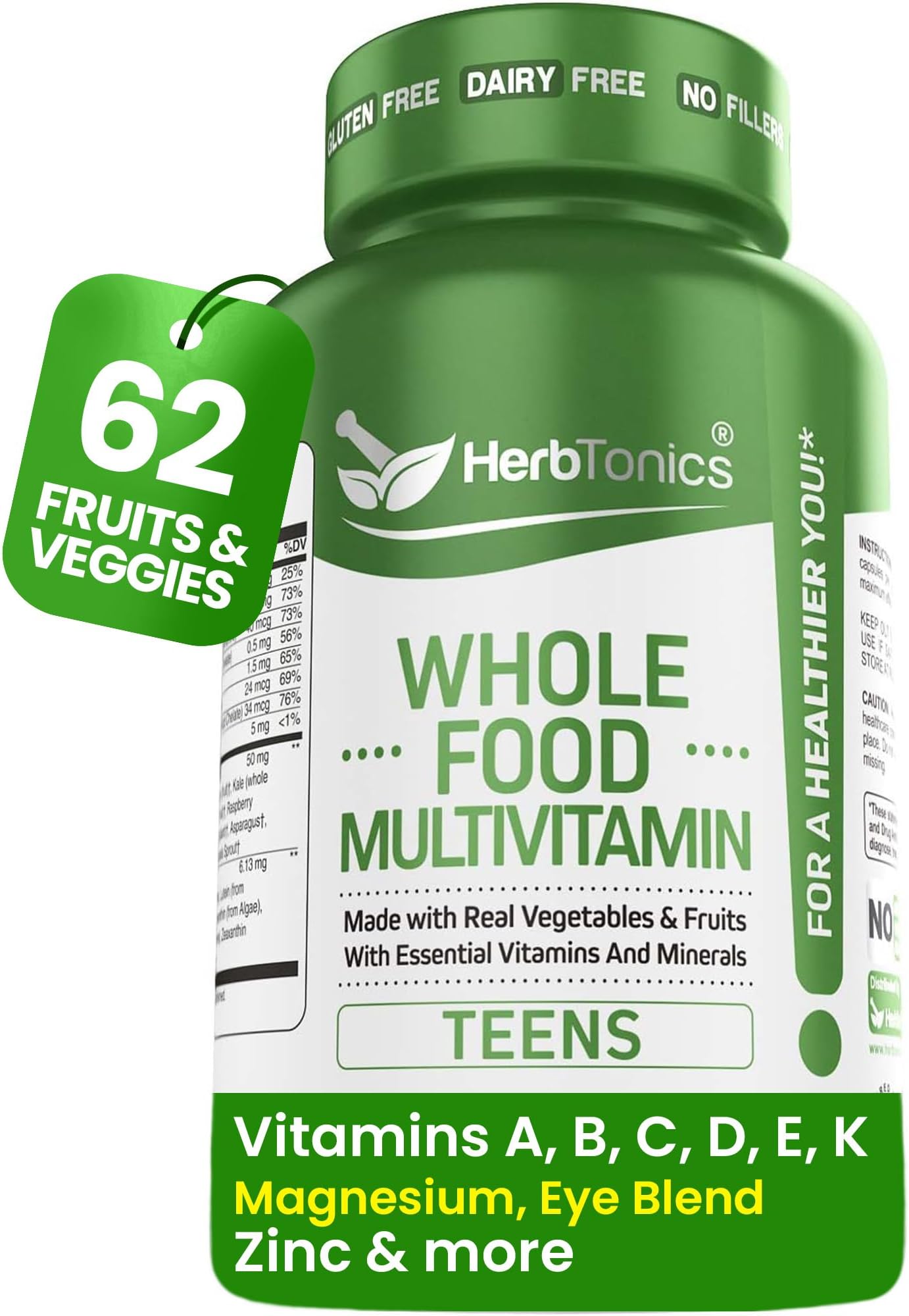 Herbtonics Whole Food Teen Vitamins for Energy, Focus & Immune Support - Multivitamin for Teenage Boys & Girls (12-18) with Real Superfoods - Vegan, Plant Based, Non-GMO - 60 Easy Swallow Capsules