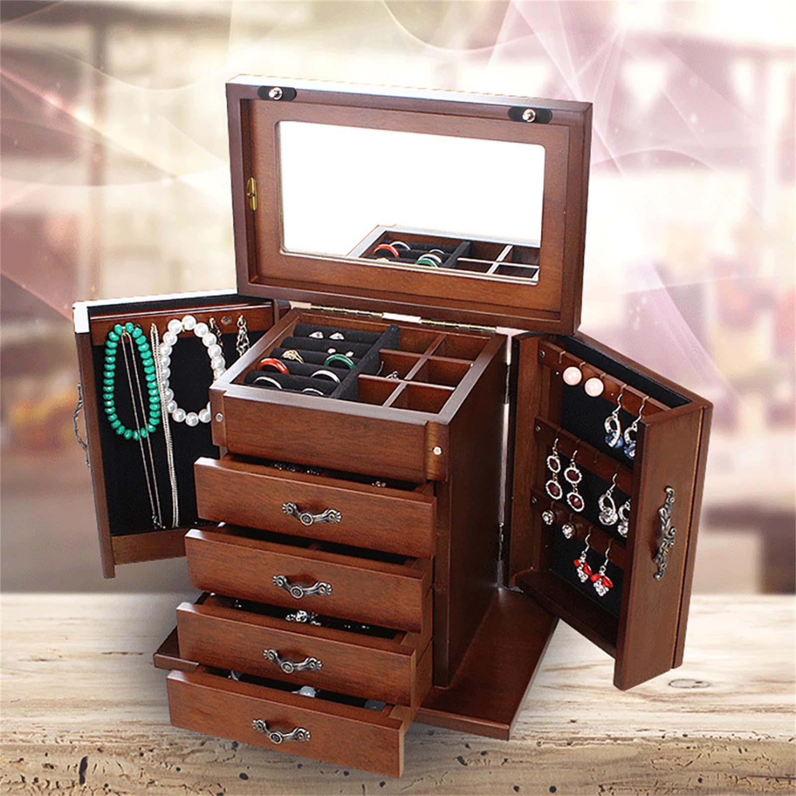 Joyero de madera, 5 niveles, grande, vintage, joyero de madera, gran capacidad, organizador para pendientes, cadenas, almacenamiento de joyas