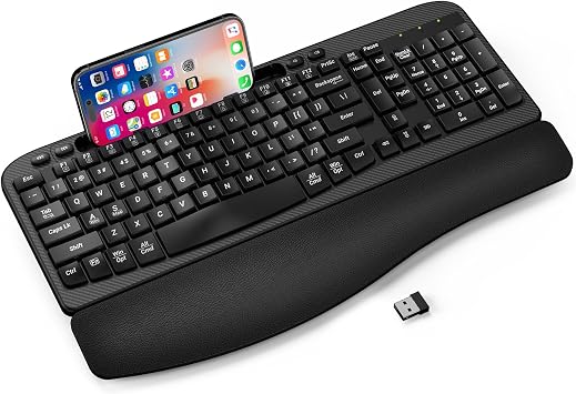 EAYBLLY 2.4G Wireless Ergonomic Keyboard, Full Size Wave Keys with Memory Foam Wrist Rest & 7.28in Phone Holder, USB-C Adapter Included for Windows Mac Chrome OS, Office or Home Black