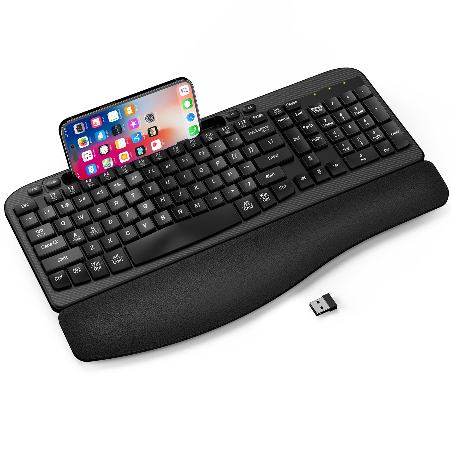 Ergonomic Wireless Keyboard with Cushioned Wrist Rest Wave Keys Phone Holder Comfortable Natural Typing 2 4GHz Full Size