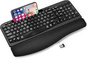 Ergonomic Wireless Keyboard with Cushioned Wrist Rest, Wave Keys, Phone Holder