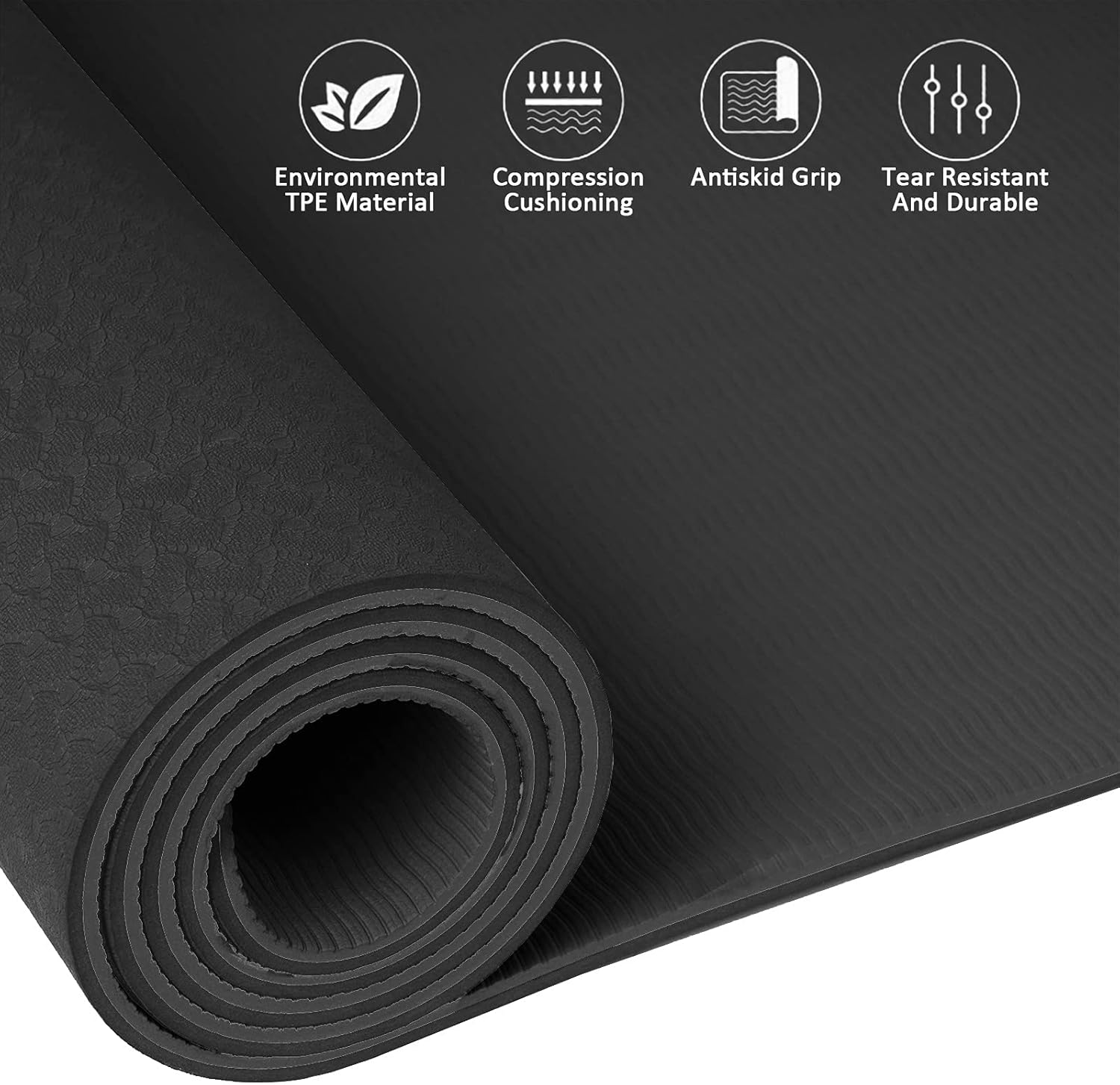 Non Slip Yoga Mat with Alignment Lines TPE Home Fitness Eco Friendly Exercise & Workout Mat with Carrying Strap Types of Yoga (Black) : Sports & Outdoors