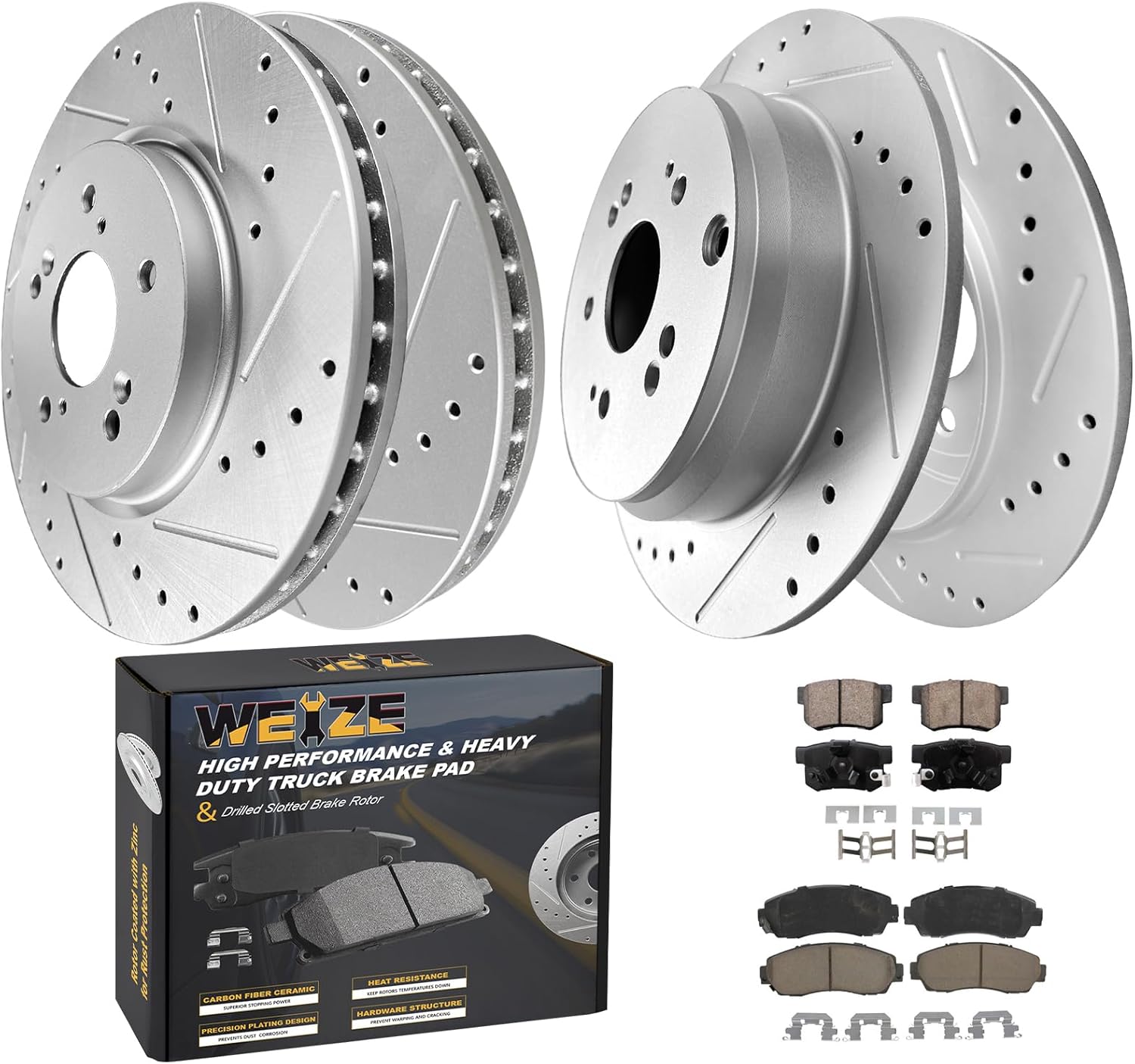 WEIZE Brake Kit Front And Rear Drilled and Slotted Disc