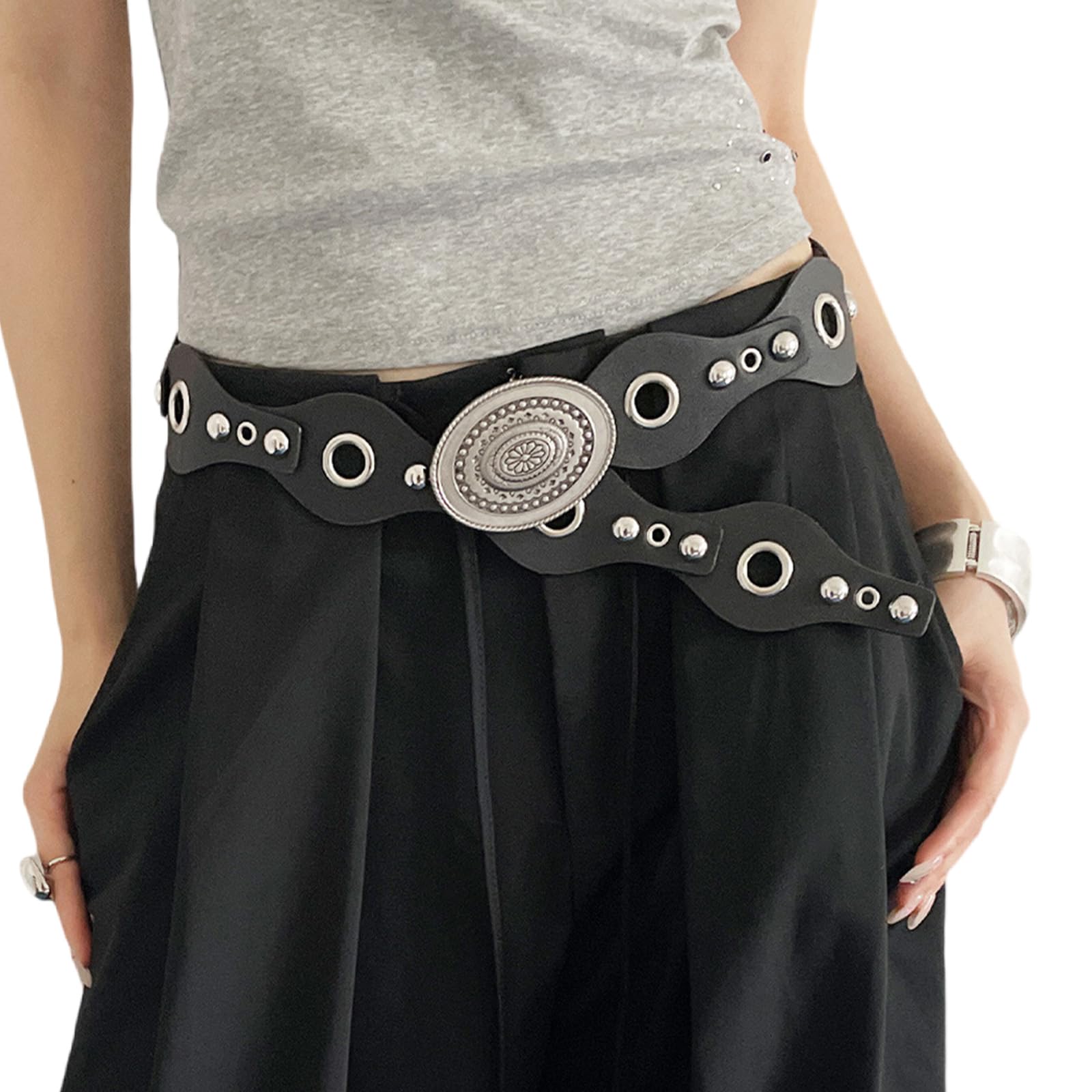 MICFENY Retro Cowgirl Belt with Studded Detail Adjustable Western Design Sash PU Leather Waist Strap for Women Casual Outfits