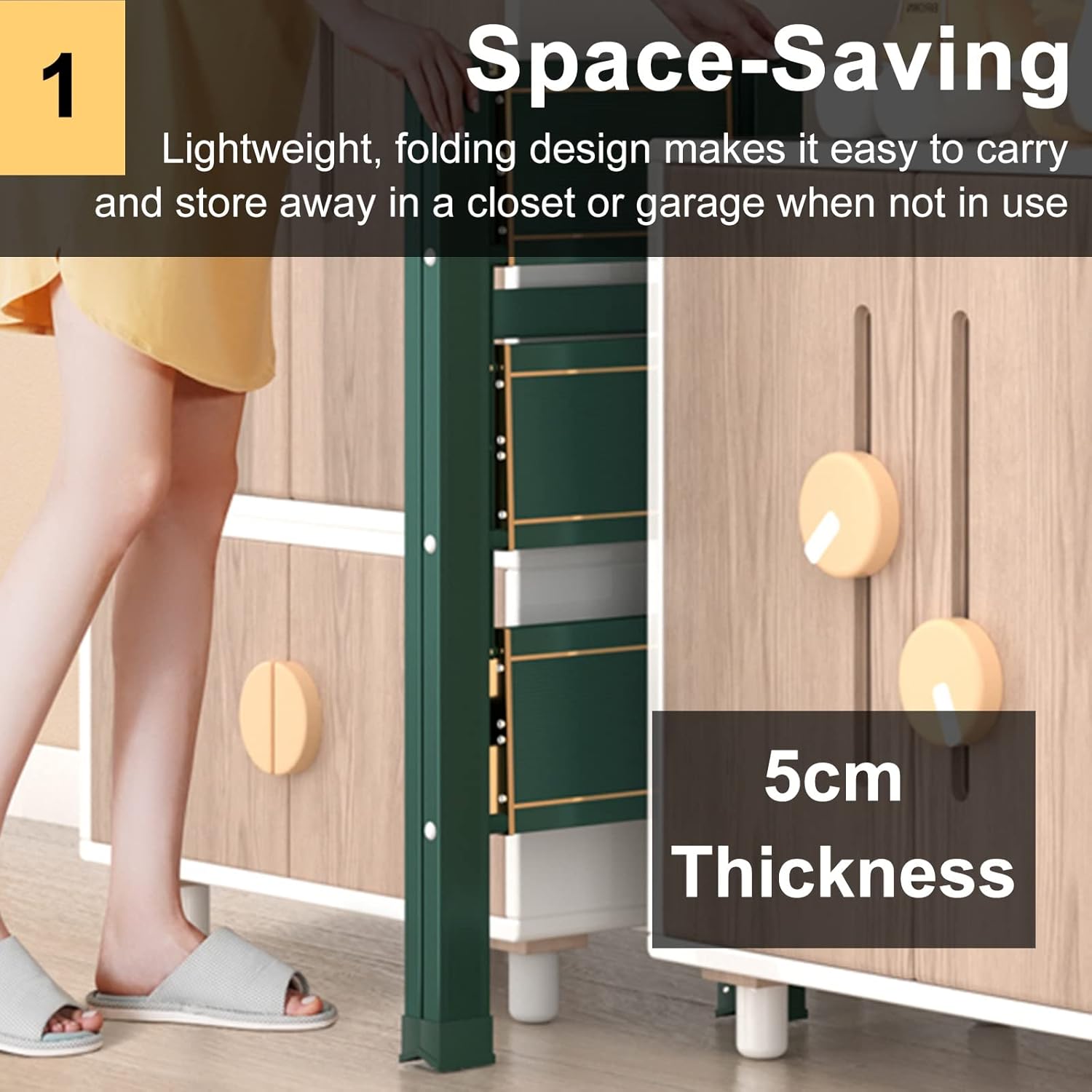 OKUOKA Ladders,Small Aluminum Step Ladder,Adults Lightweight Slim Folding Stool Storage Shelf, Home Shop Office Library, Green, Load 150Kg/2 Step