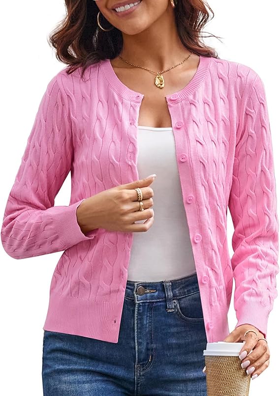 GRACE KARIN Womens Long Sleeve Button Up Cable Knit Cardigan Lightweight 2026 Crewneck Button Down Sweaters for Women