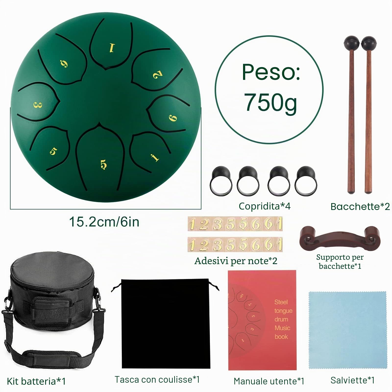 CIRULLI Tamburo in acciaio, 8 note da 15 cm, tamburo a disco, in acciaio, lingua, percussione, con scatola per accessori, custodia, pick, libro di musica e bacchette