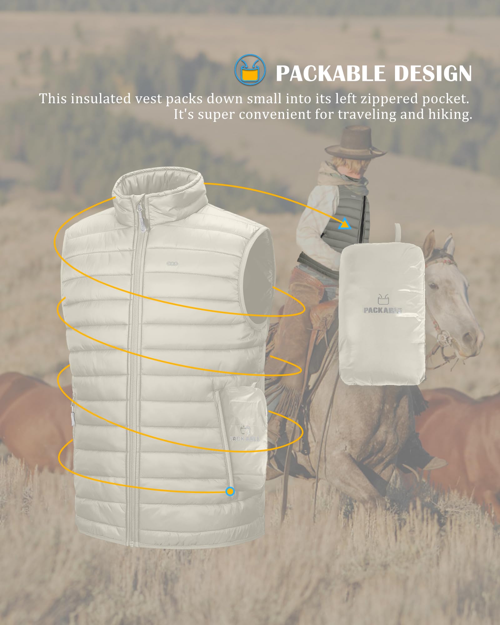 33,000ft Chaleco ligero para hombre, acolchado, acolchado, acolchado, para exteriores, calentador de cuerpo, resistente al viento, chaqueta sin mangas para golf, correr, senderismo, equitación | Ligero, resistente al agua, resistente al viento, lavable a
