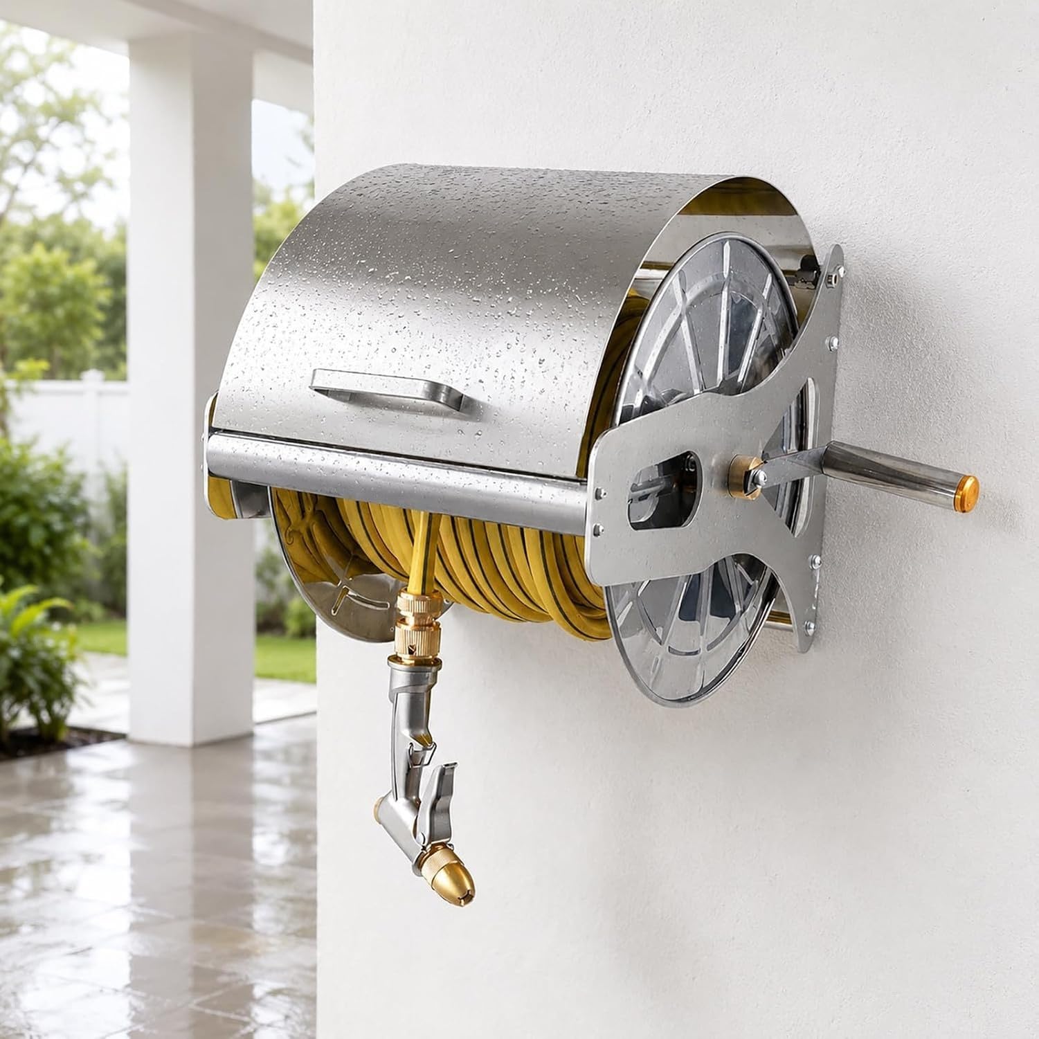 Svolgitubi da Muro o Autoportante per Tubo da Giardino, Acciaio Inox 304, capacità 50 m, Manovella Laterale, Raccordo Ottone e Multigetto per Esterno, 40m, 40m